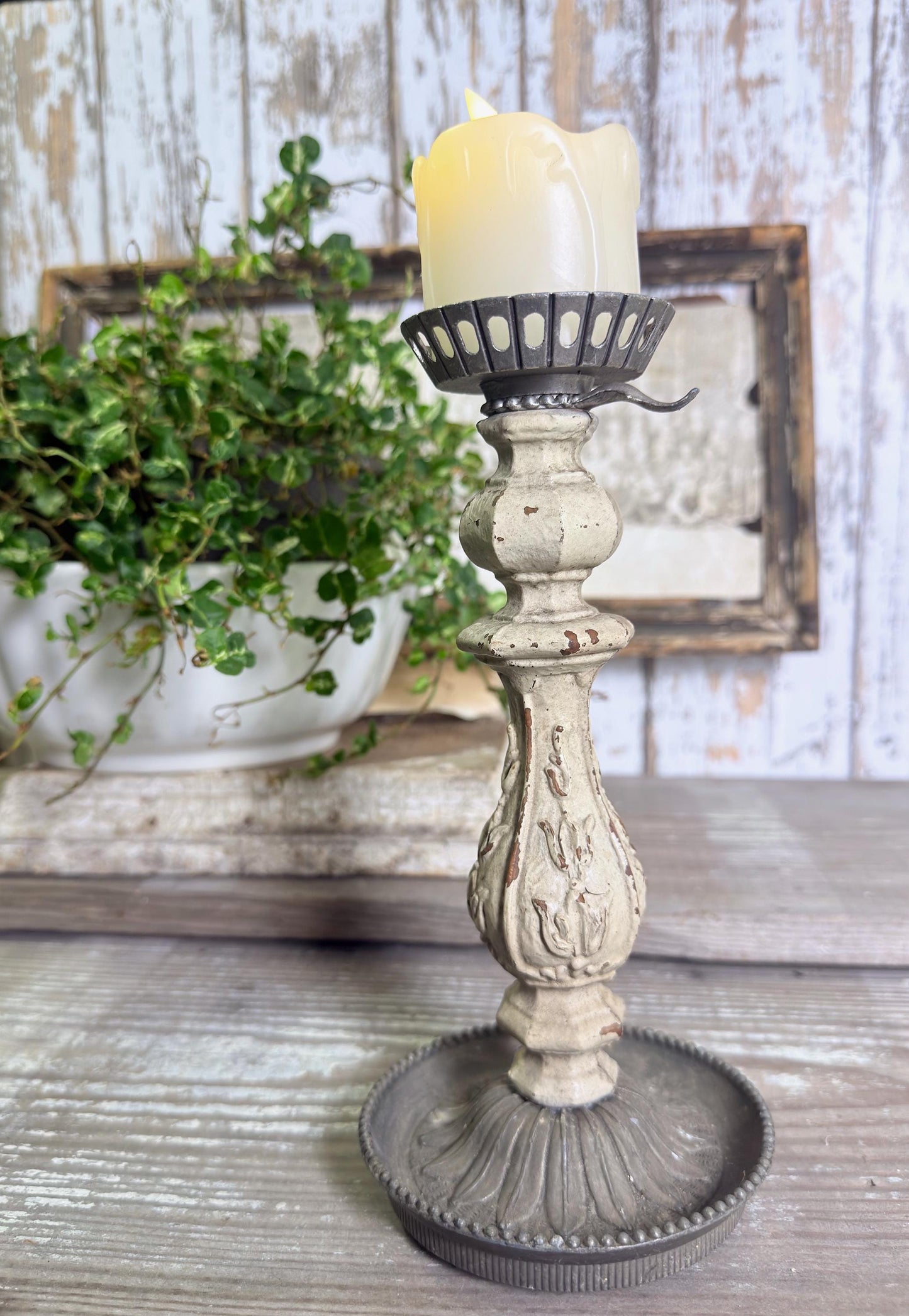 Antique Chippy White Candlestick Holder: French Farmhouse Metal Accent