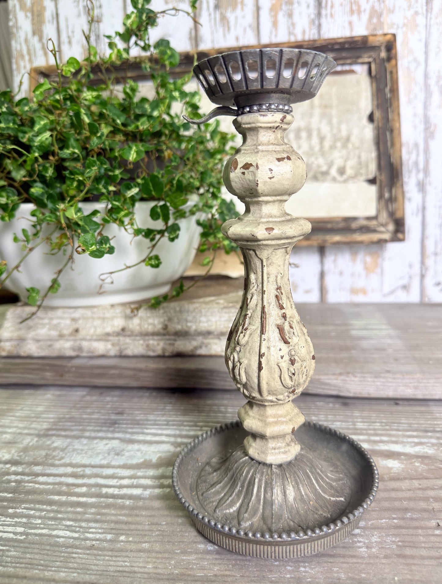 Antique Chippy White Candlestick Holder: French Farmhouse Metal Accent