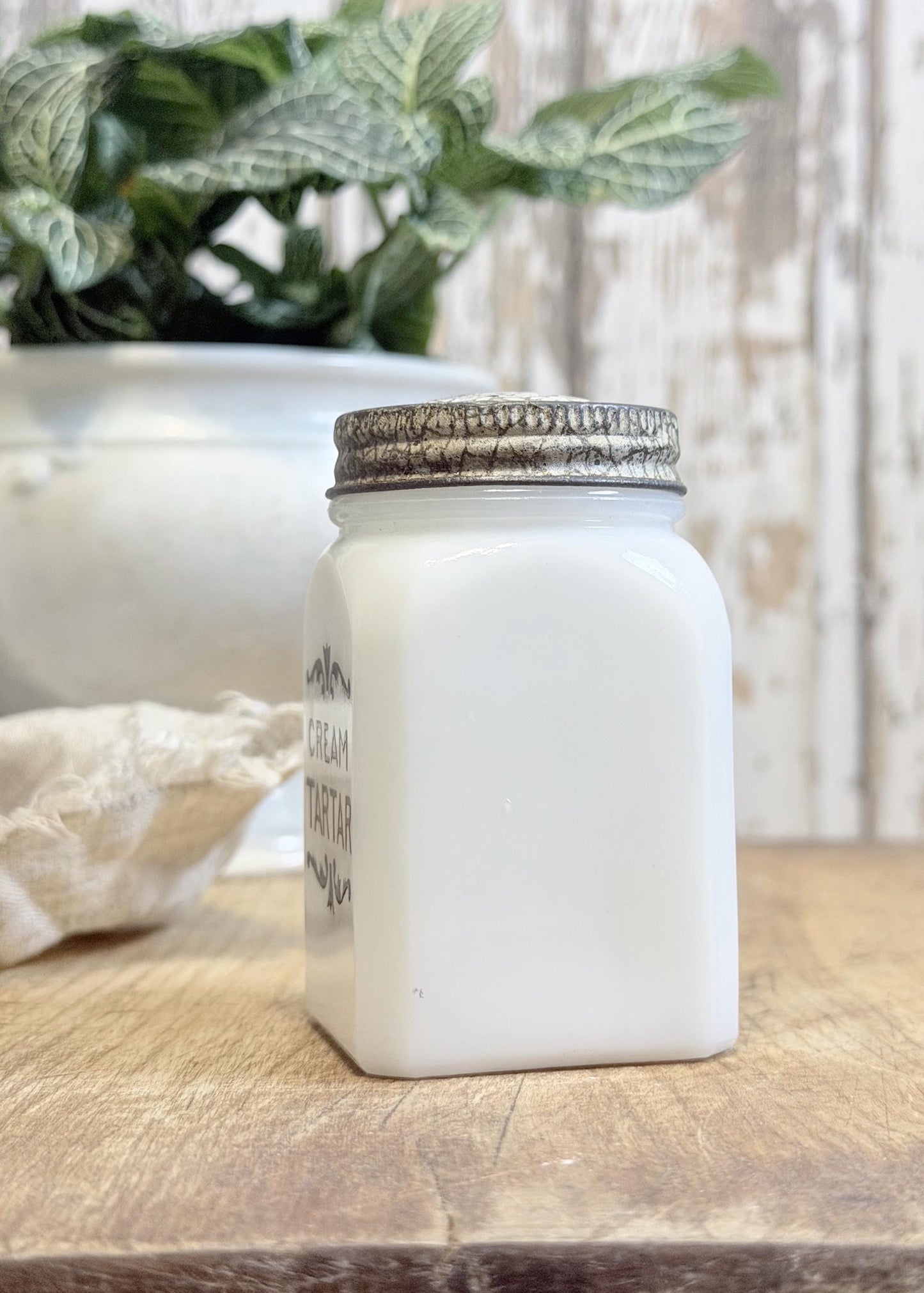 Antique Milk Glass SPICE Bottle With Lid CREAM TARTAR Farmhouse Kitchen Decor Seasoning Jar