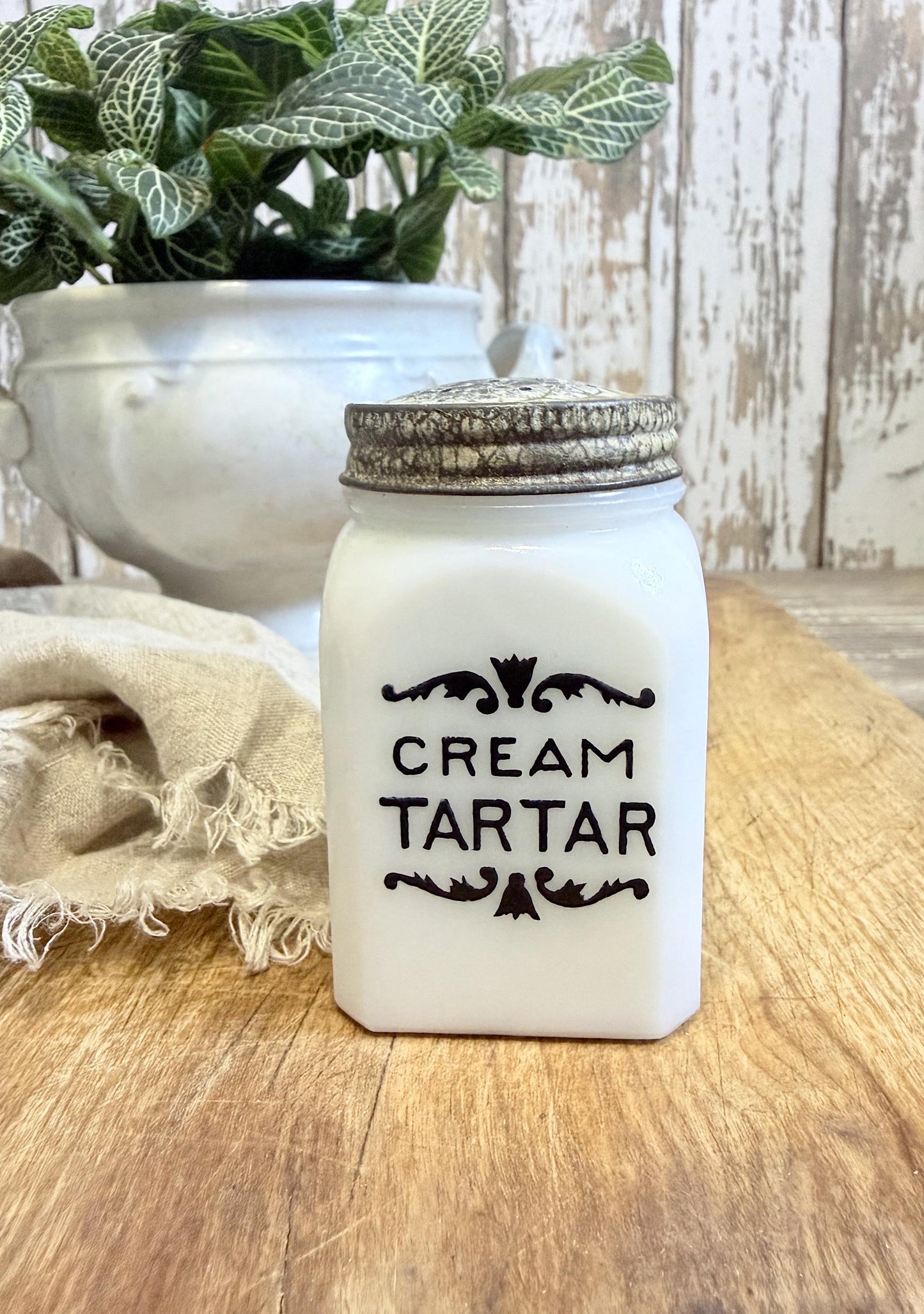 Antique Milk Glass SPICE Bottle With Lid CREAM TARTAR Farmhouse Kitchen Decor Seasoning Jar