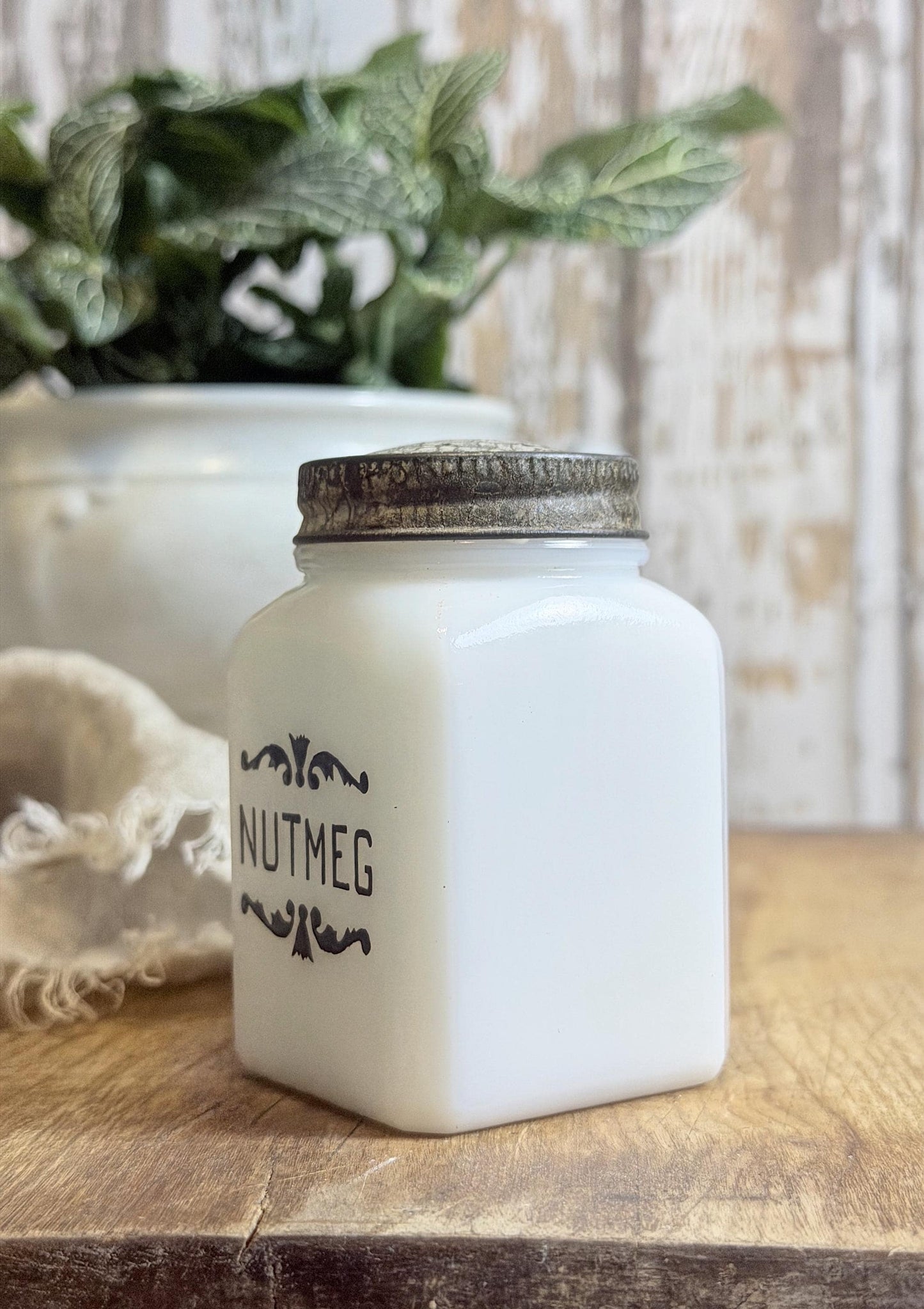 Antique Milk Glass SPICE Bottle With Lid NUTMEG Farmhouse Kitchen Decor Seasoning Jar