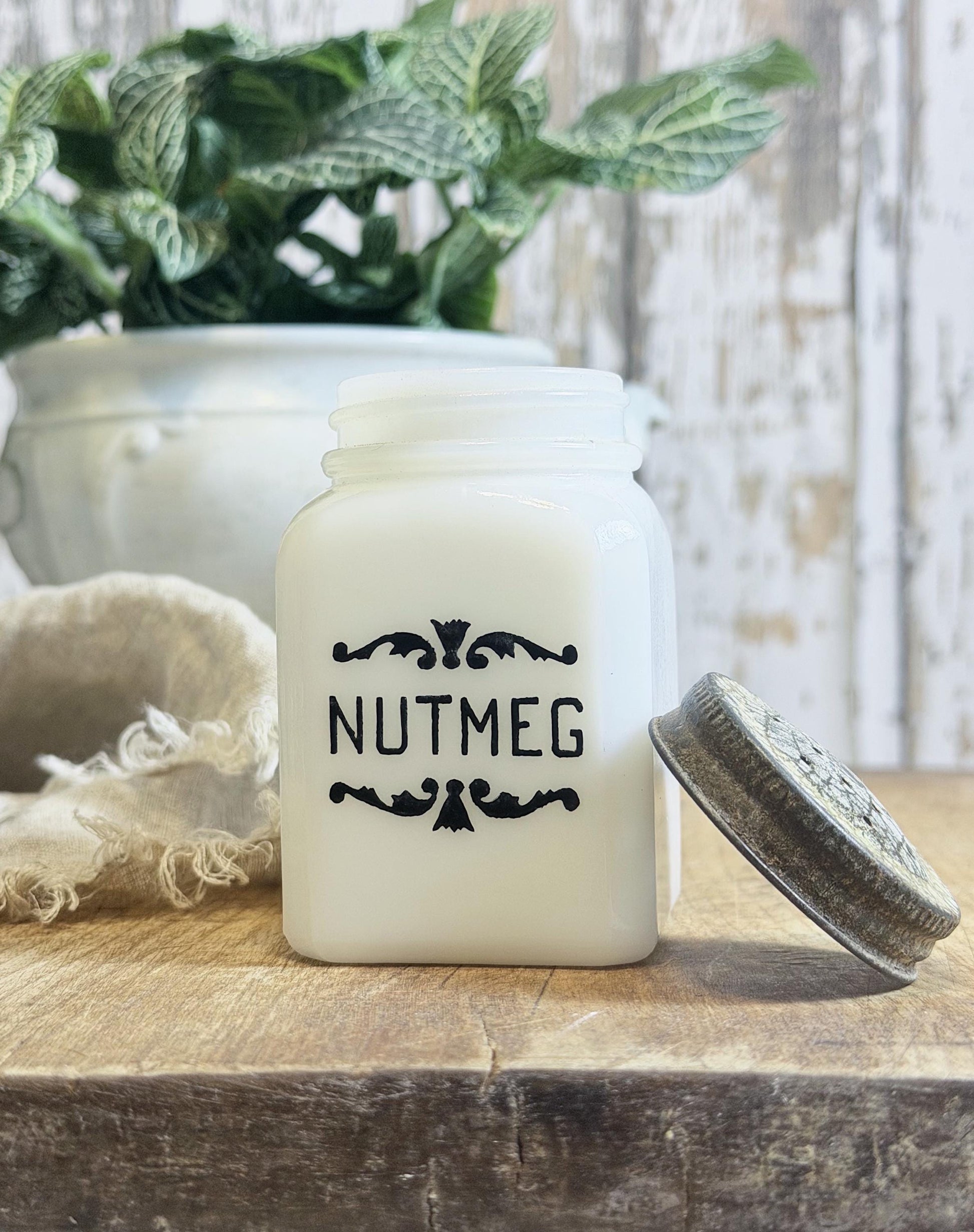 Antique Milk Glass SPICE Bottle With Lid NUTMEG Farmhouse Kitchen Decor Seasoning Jar