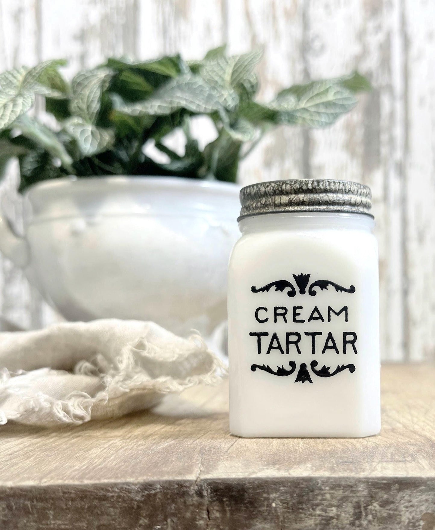 Antique Milk Glass SPICE Bottle With Lid CREAM TARTAR Farmhouse Kitchen Decor Seasoning Jar