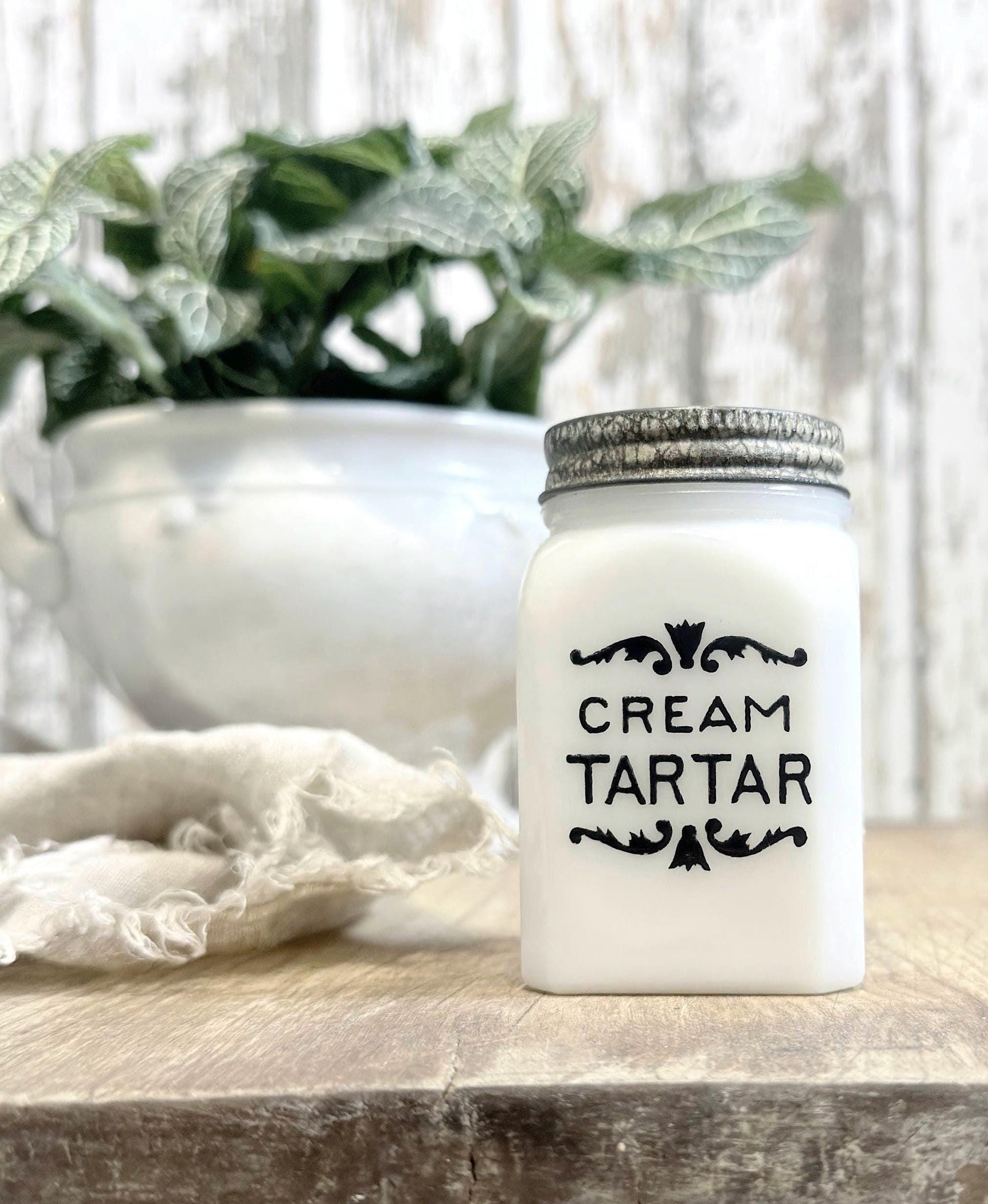 Antique Milk Glass SPICE Bottle With Lid CREAM TARTAR Farmhouse Kitchen Decor Seasoning Jar