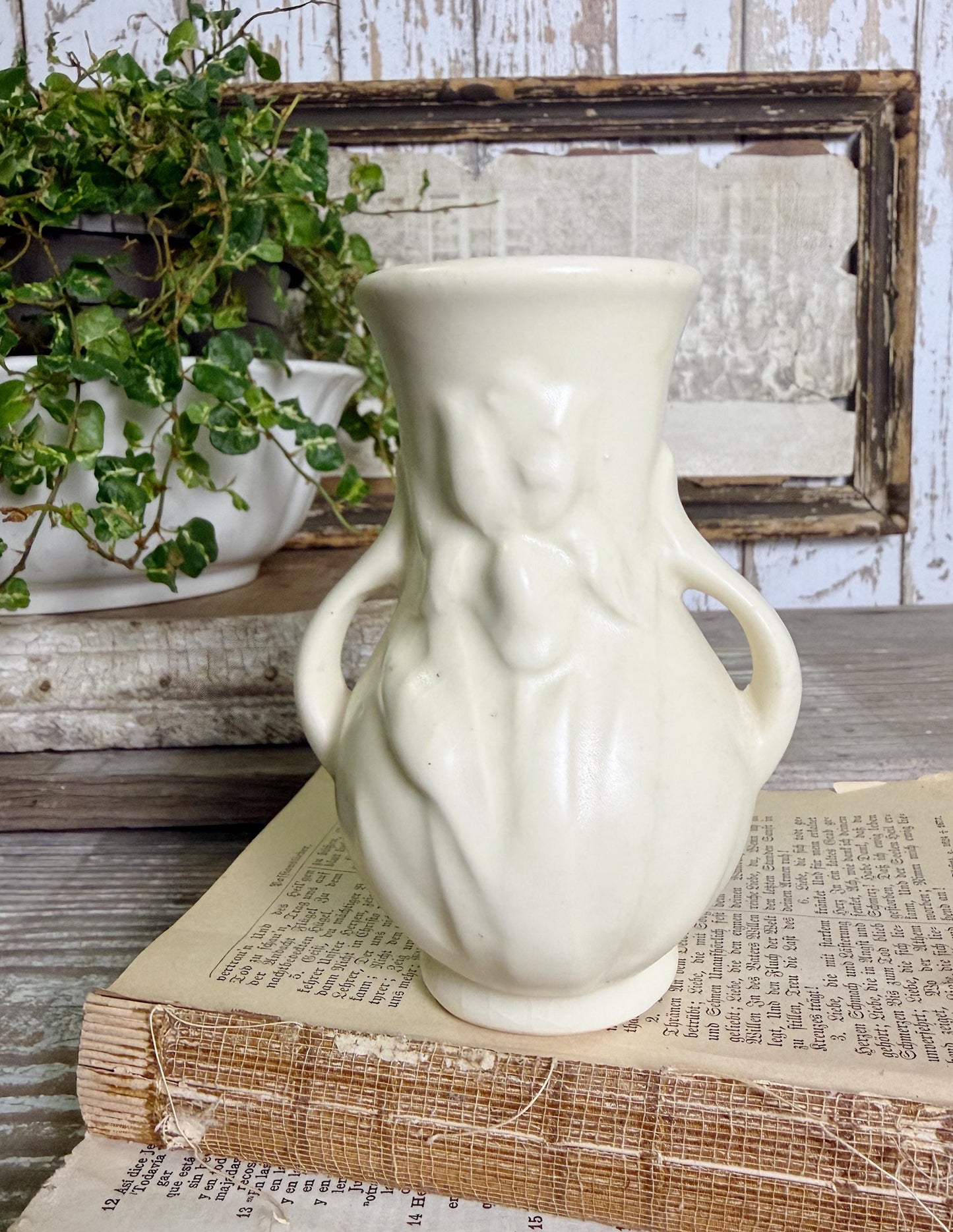 Vintage Creamy White Planter Vase Urn USA Container Farmhouse Garden Decor MCM SHAWNEE Pottery Iris