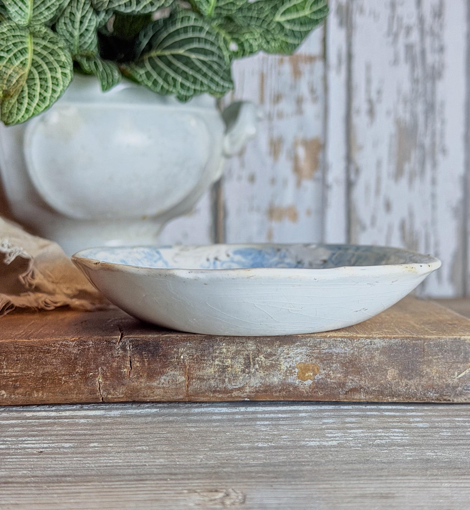 Antique White Blue Transferware Ironstone Soap Dish Platter Crazing Stained Chunky Thick Farmhouse Decor HENRY ALCOCK