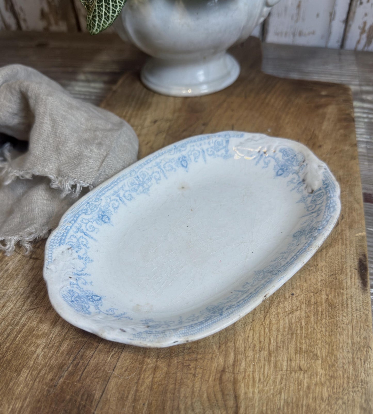 Antique White Blue Transferware Ironstone Soap Dish Platter Crazing Stained Chunky Thick Farmhouse Decor HENRY ALCOCK