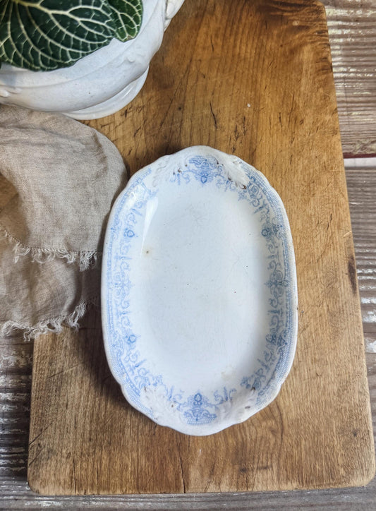 Antique White Blue Transferware Ironstone Soap Dish Platter Crazing Stained Chunky Thick Farmhouse Decor HENRY ALCOCK