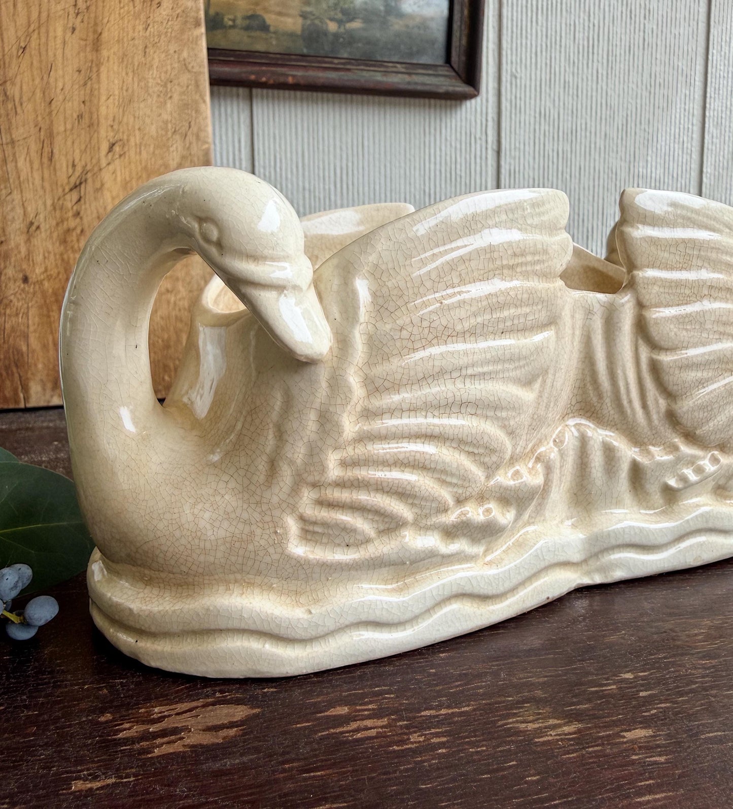 Antique Ironstone SWAN PLANTER PAIR Bowl Vase Farmhouse Primitive Decor Japan Crazed Stained