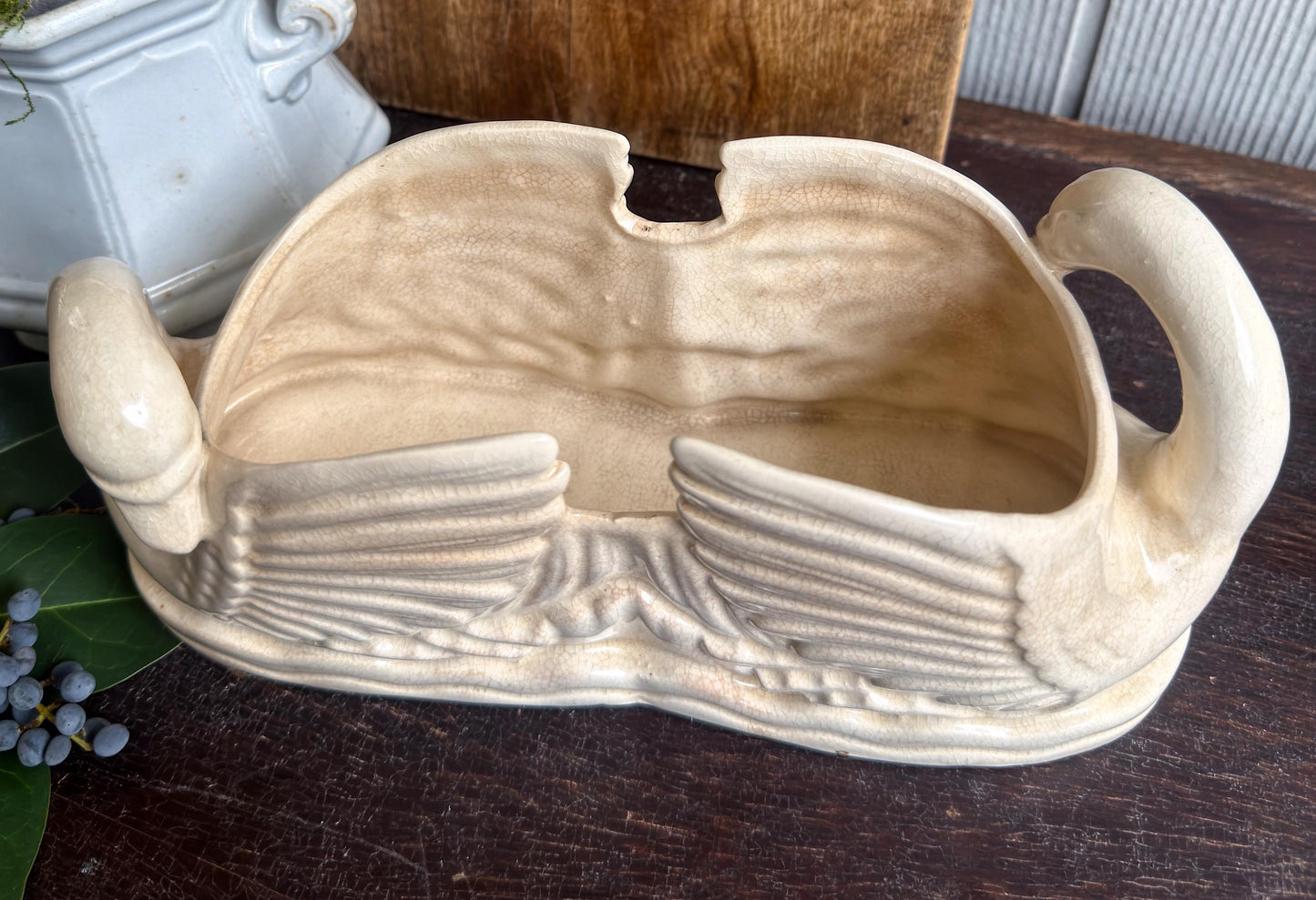 Antique Ironstone SWAN PLANTER PAIR Bowl Vase Farmhouse Primitive Decor Japan Crazed Stained