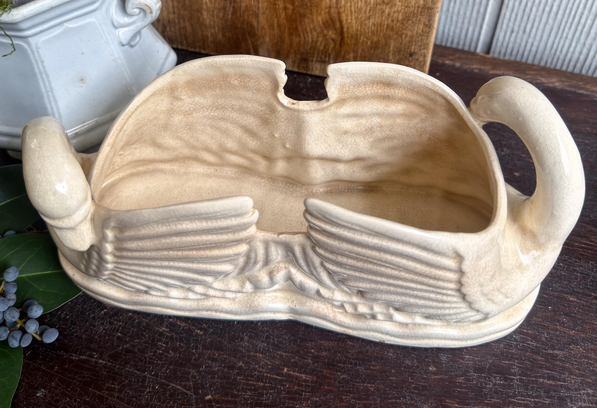 Antique Ironstone SWAN PLANTER PAIR Bowl Vase Farmhouse Primitive Decor Japan Crazed Stained