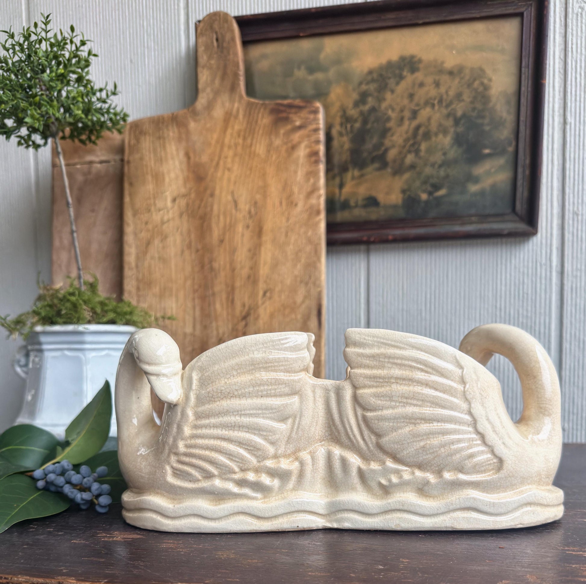 Antique Ironstone SWAN PLANTER PAIR Bowl Vase Farmhouse Primitive Decor Japan Crazed Stained