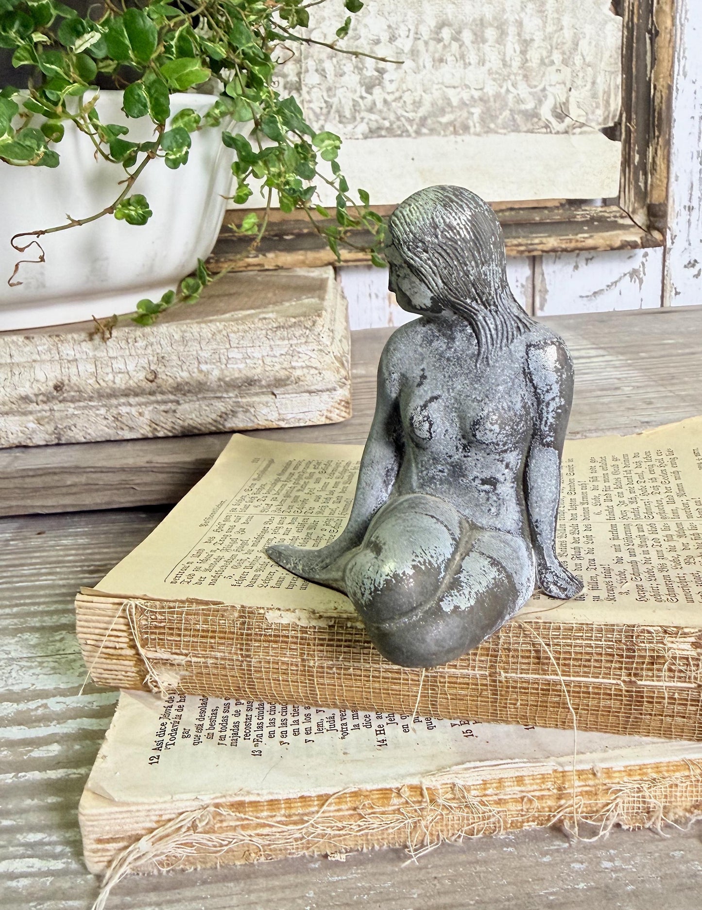 Antique MERMAID Metal Statue Figurine Silver Patina