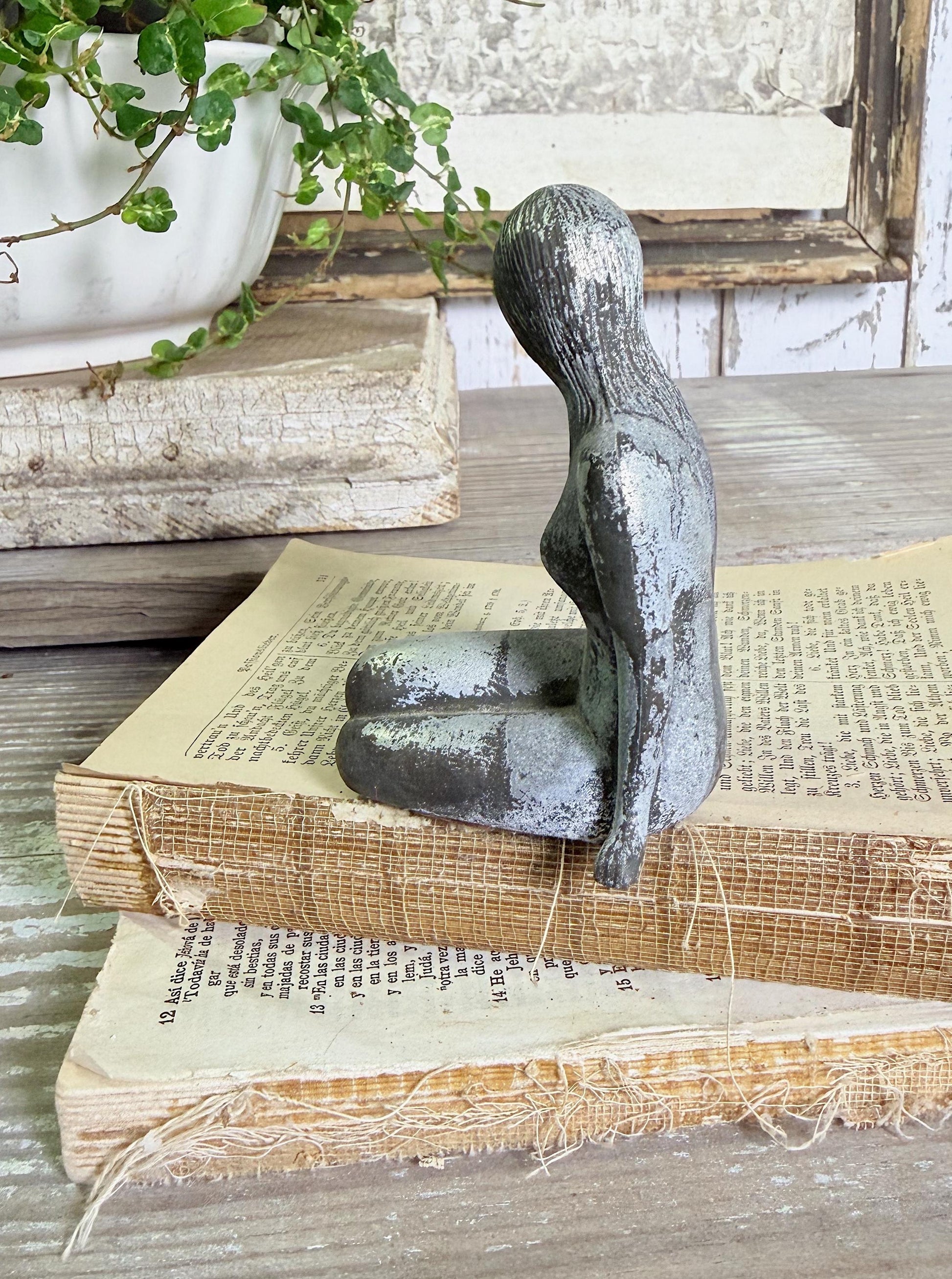 Antique MERMAID Metal Statue Figurine Silver Patina