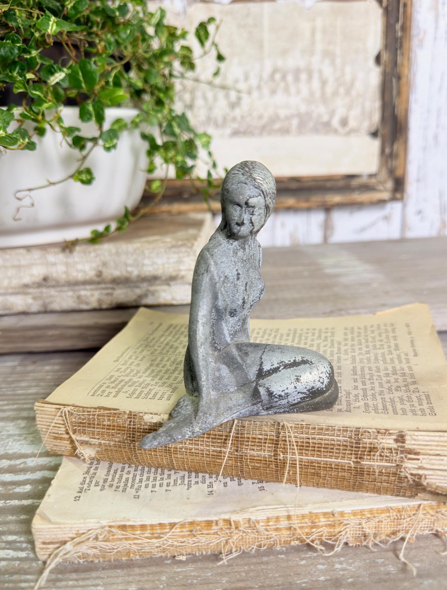 Antique MERMAID Metal Statue Figurine Silver Patina