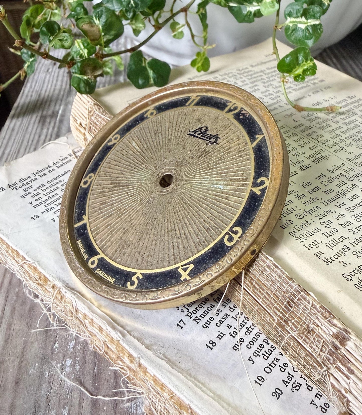 Antique Clock SCHATZ Brass Black Dial Farmhouse Decor Industrial Salvage Parts GERMANY