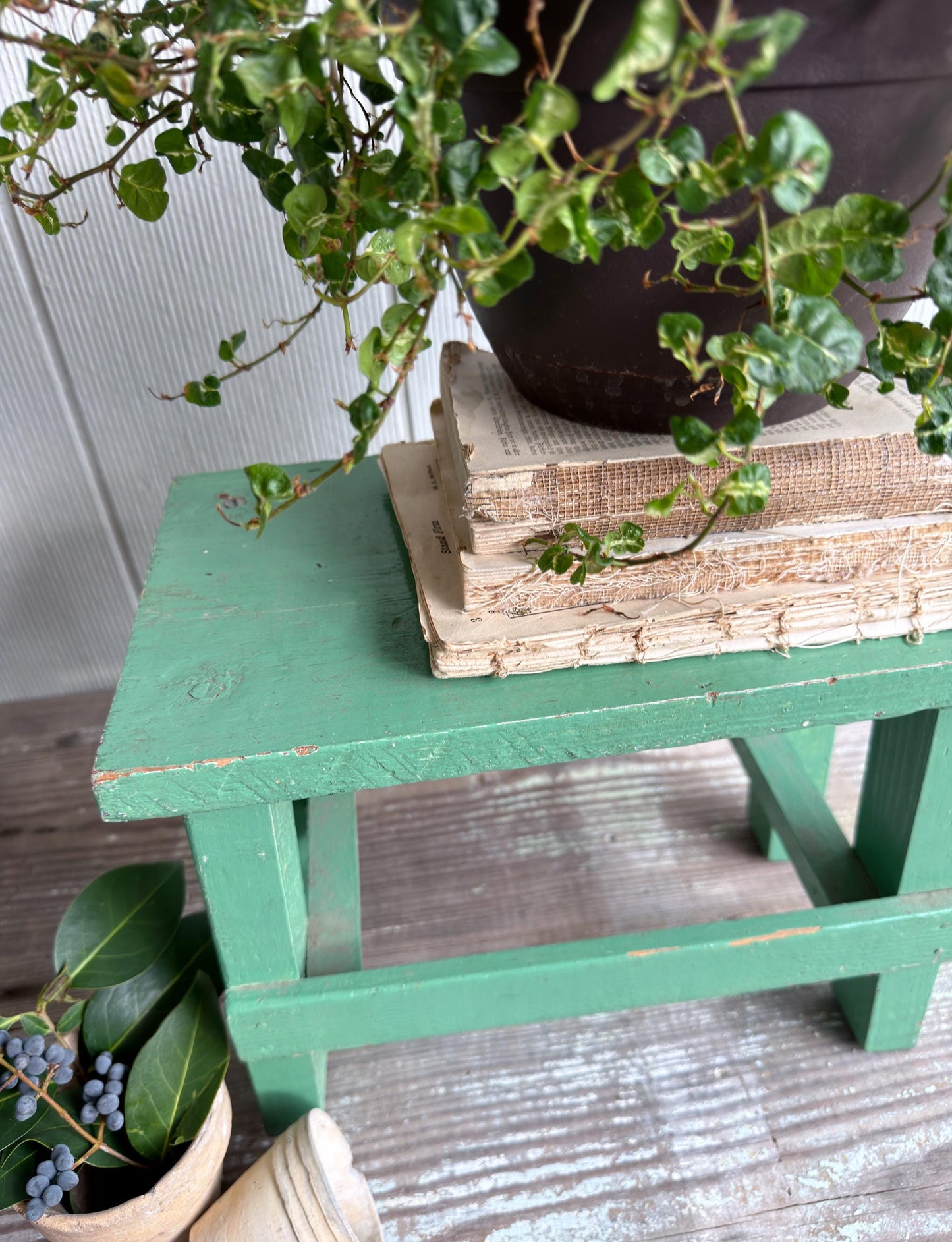 Vintage Wood Bench Chippy GREEN Paint Stool Farmhouse Primitive Decor