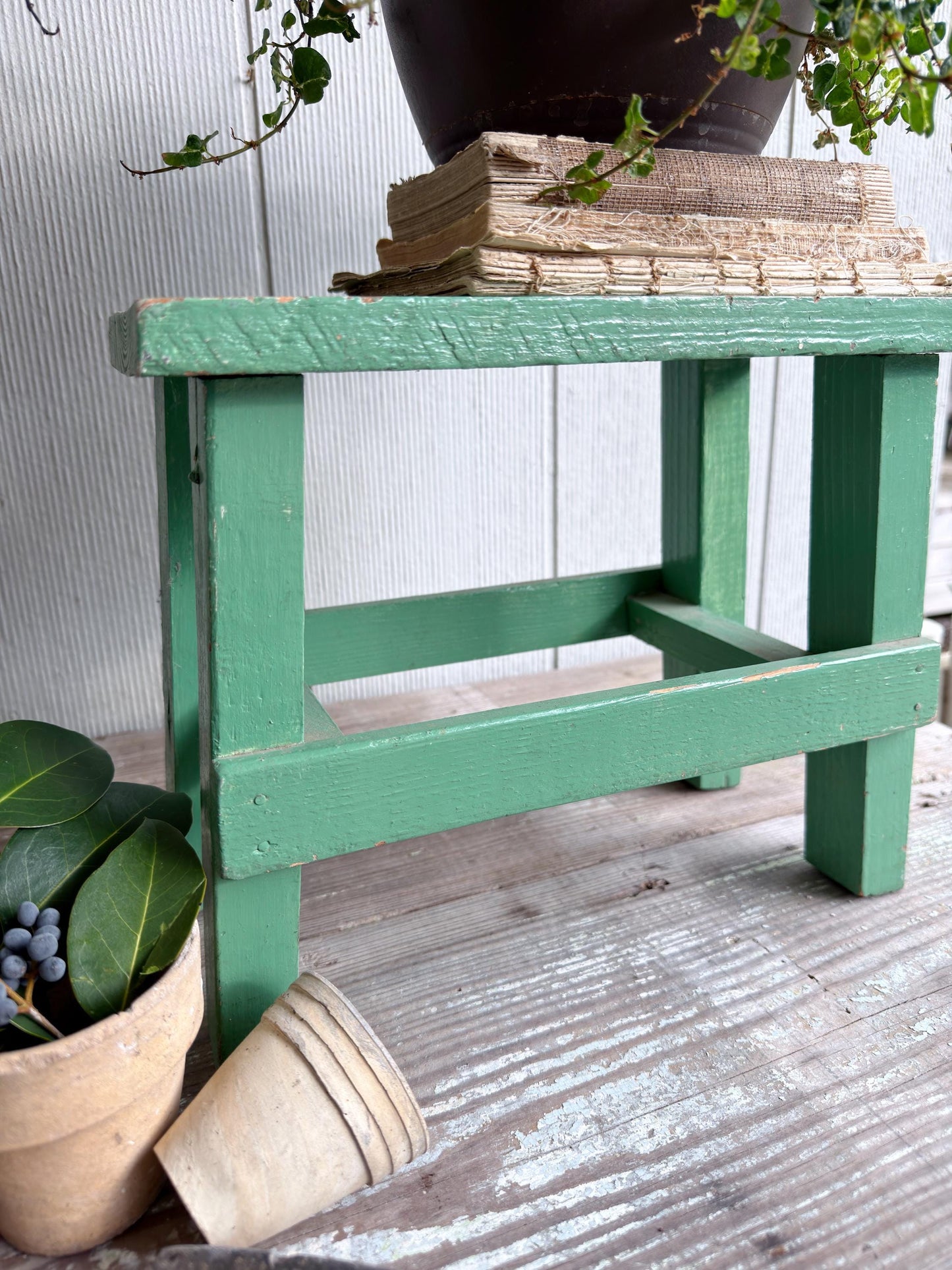 Vintage Wood Bench Chippy GREEN Paint Stool Farmhouse Primitive Decor