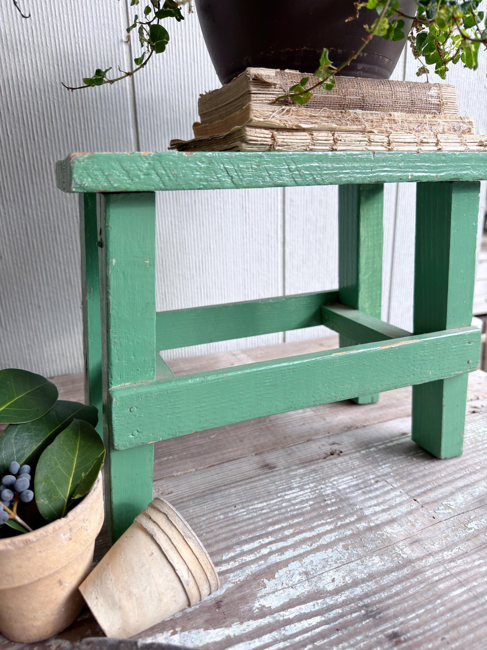 Vintage Wood Bench Chippy GREEN Paint Stool Farmhouse Primitive Decor