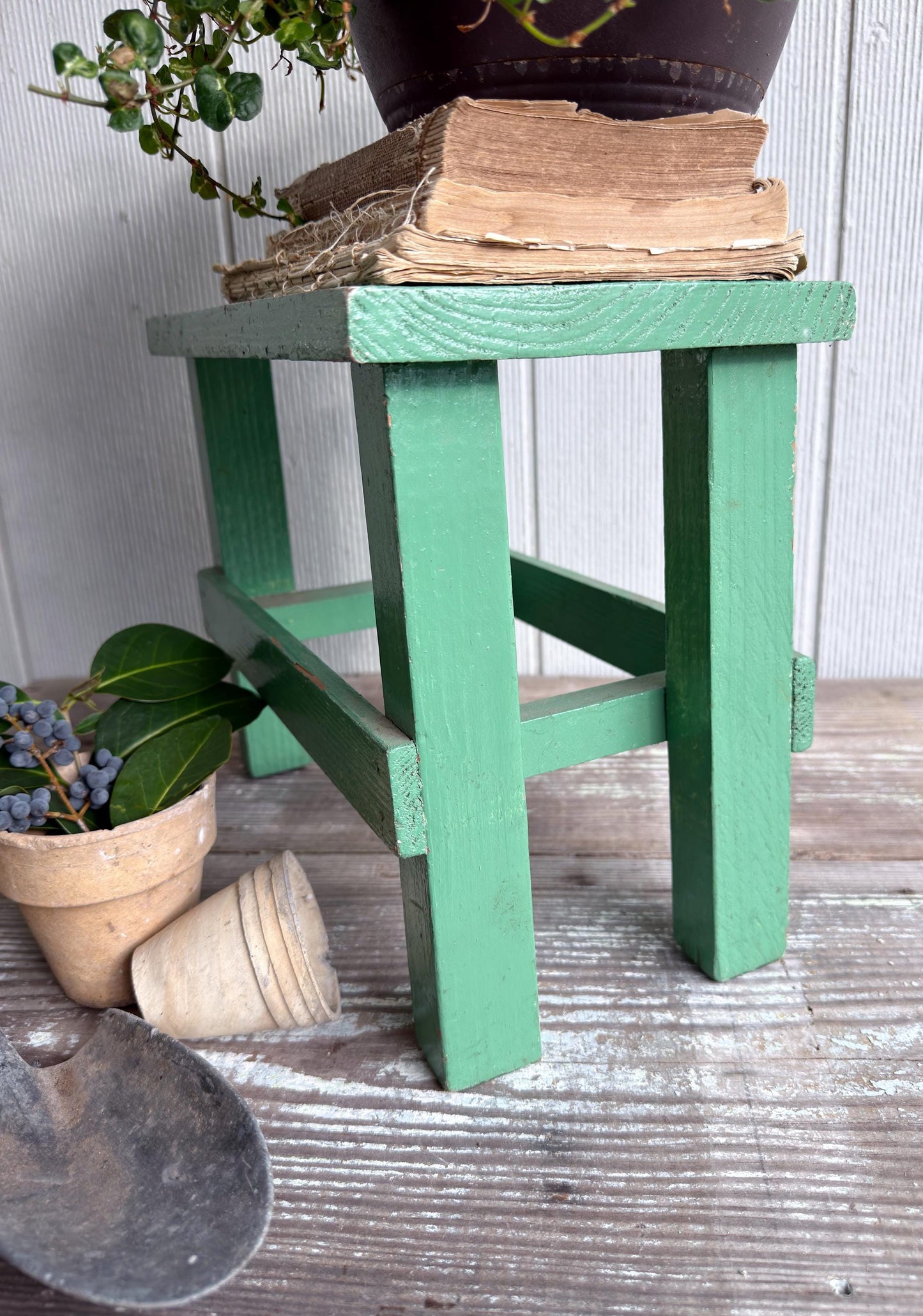 Vintage Wood Bench Chippy GREEN Paint Stool Farmhouse Primitive Decor
