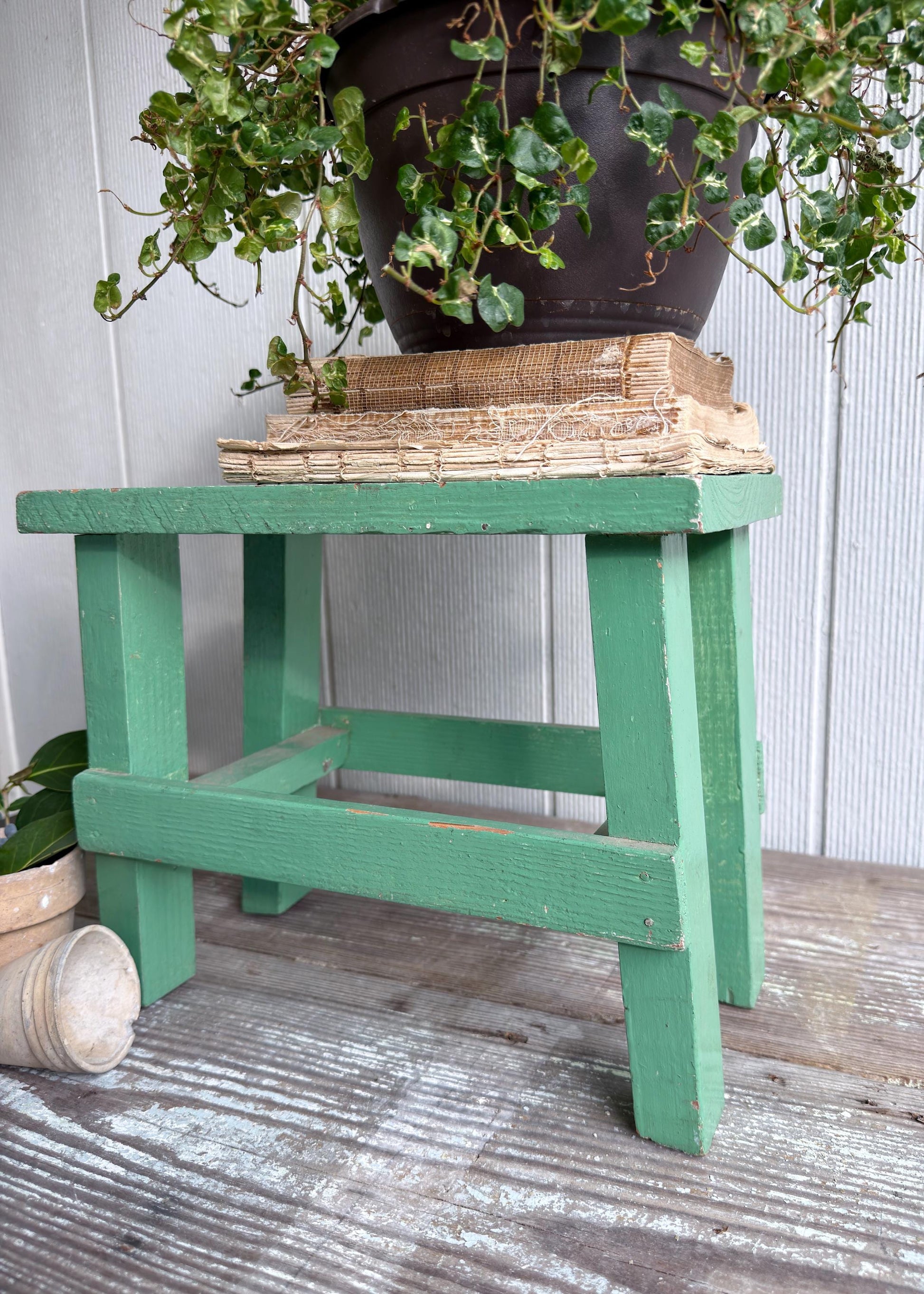 Vintage Wood Bench Chippy GREEN Paint Stool Farmhouse Primitive Decor