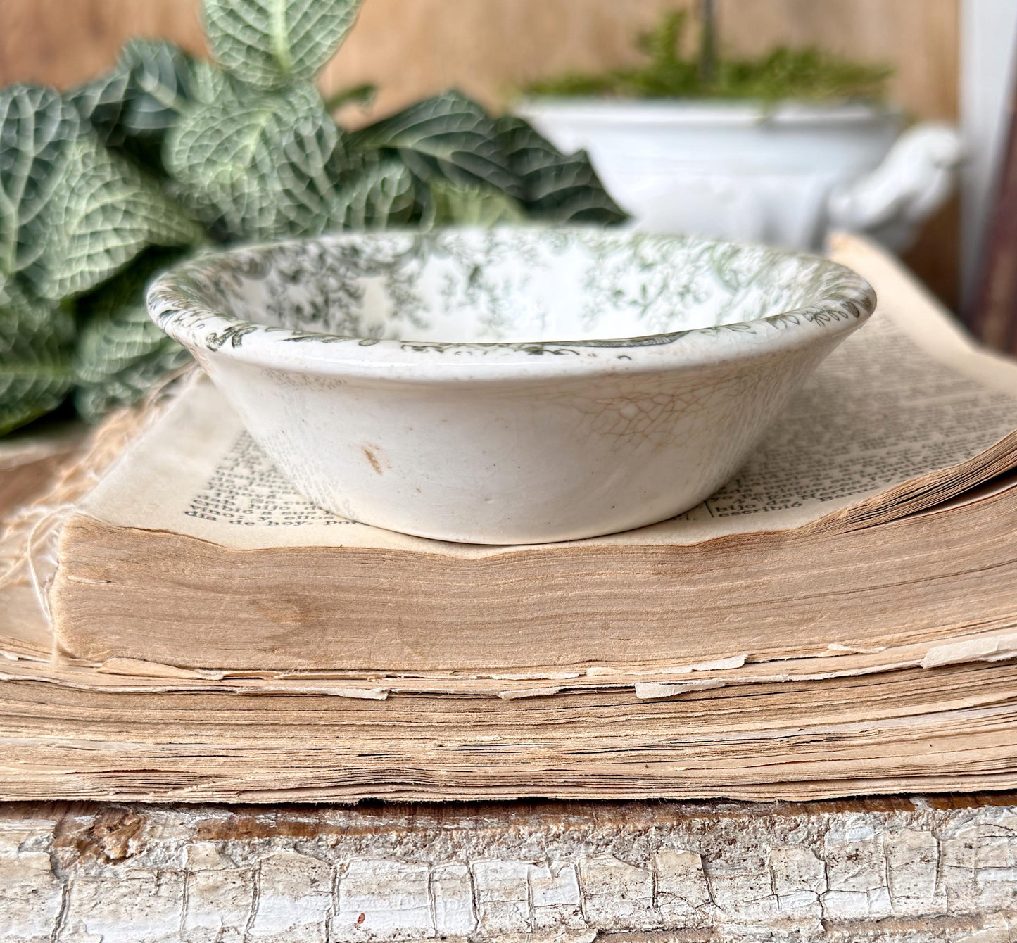 Antique Ironstone Soap Dish Bowl MEAKIN Oval Chunky Thick Green Transferware Farmhouse Decor Mercer Pottery