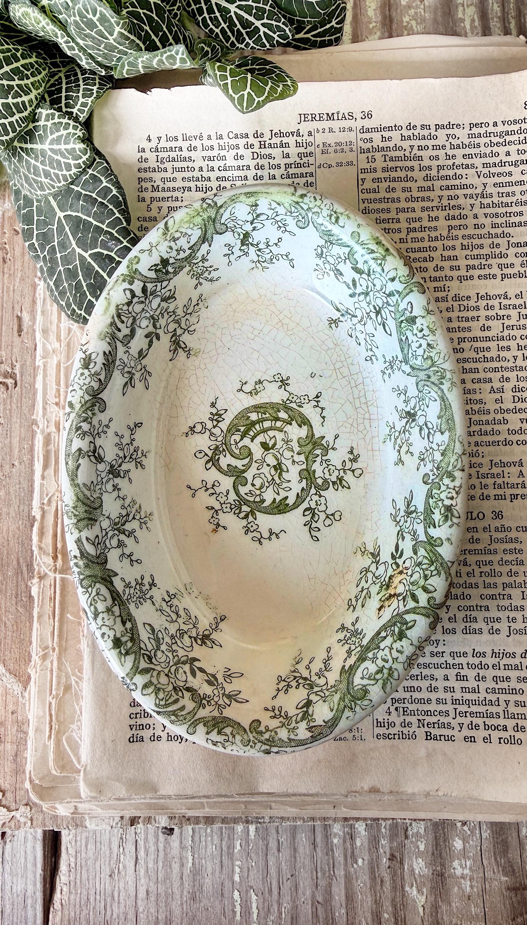 Antique Ironstone Soap Dish Bowl MEAKIN Oval Chunky Thick Green Transferware Farmhouse Decor Mercer Pottery
