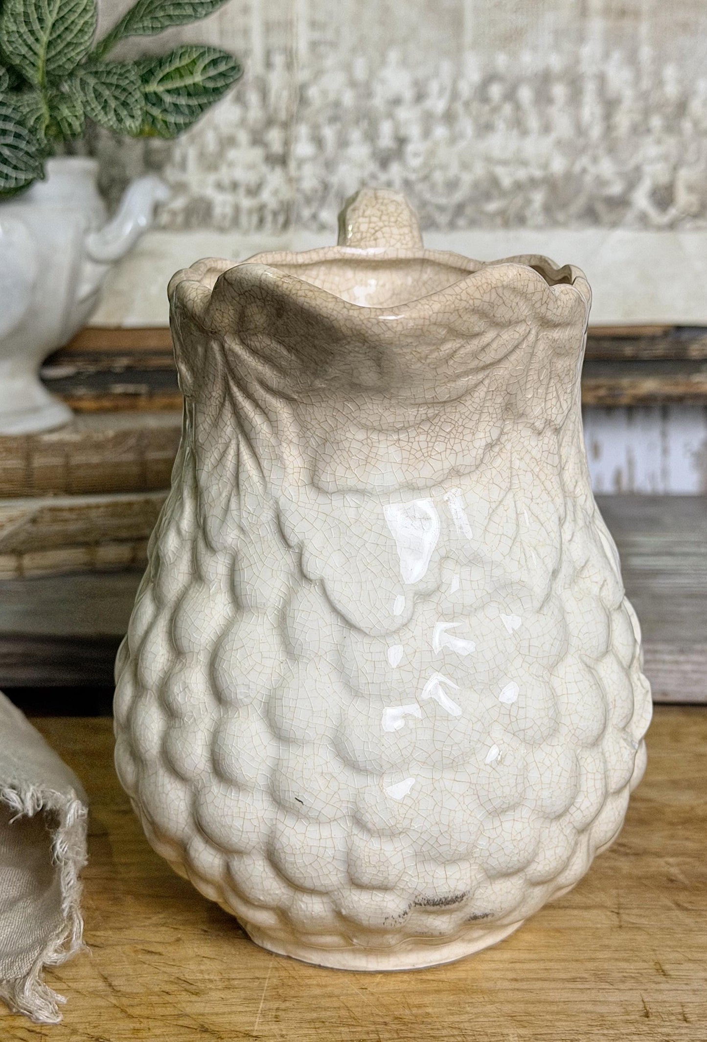 Antique Ironstone Pitcher Leaf Grapes Crazing Stained Grungy Farmhouse Decor JAPAN