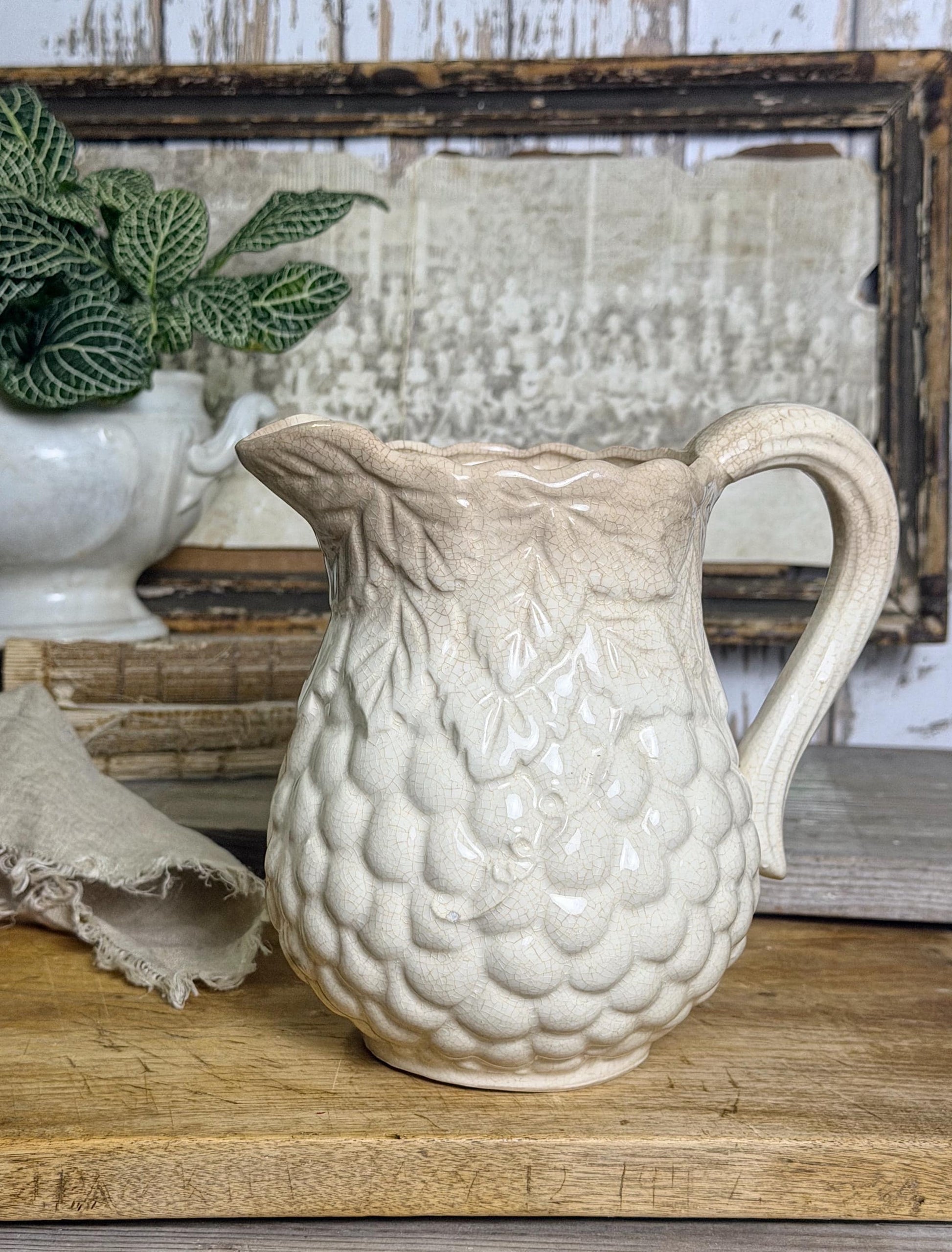 Antique Ironstone Pitcher Leaf Grapes Crazing Stained Grungy Farmhouse Decor JAPAN