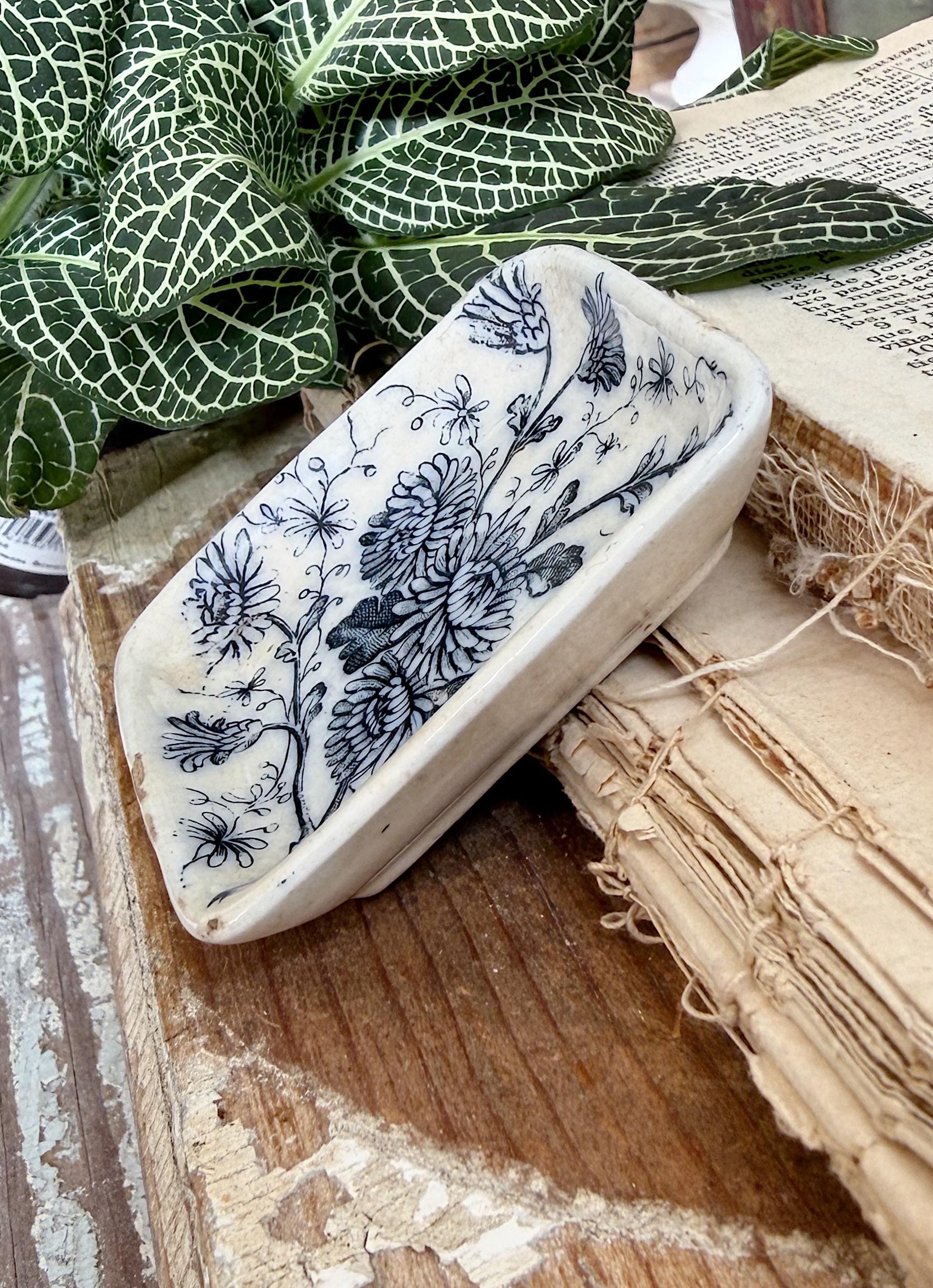 Antique White Ironstone Flow Blue SQUARE Butter Pat Farmhouse Decor Stained Grungy Crazing GRINDLEY
