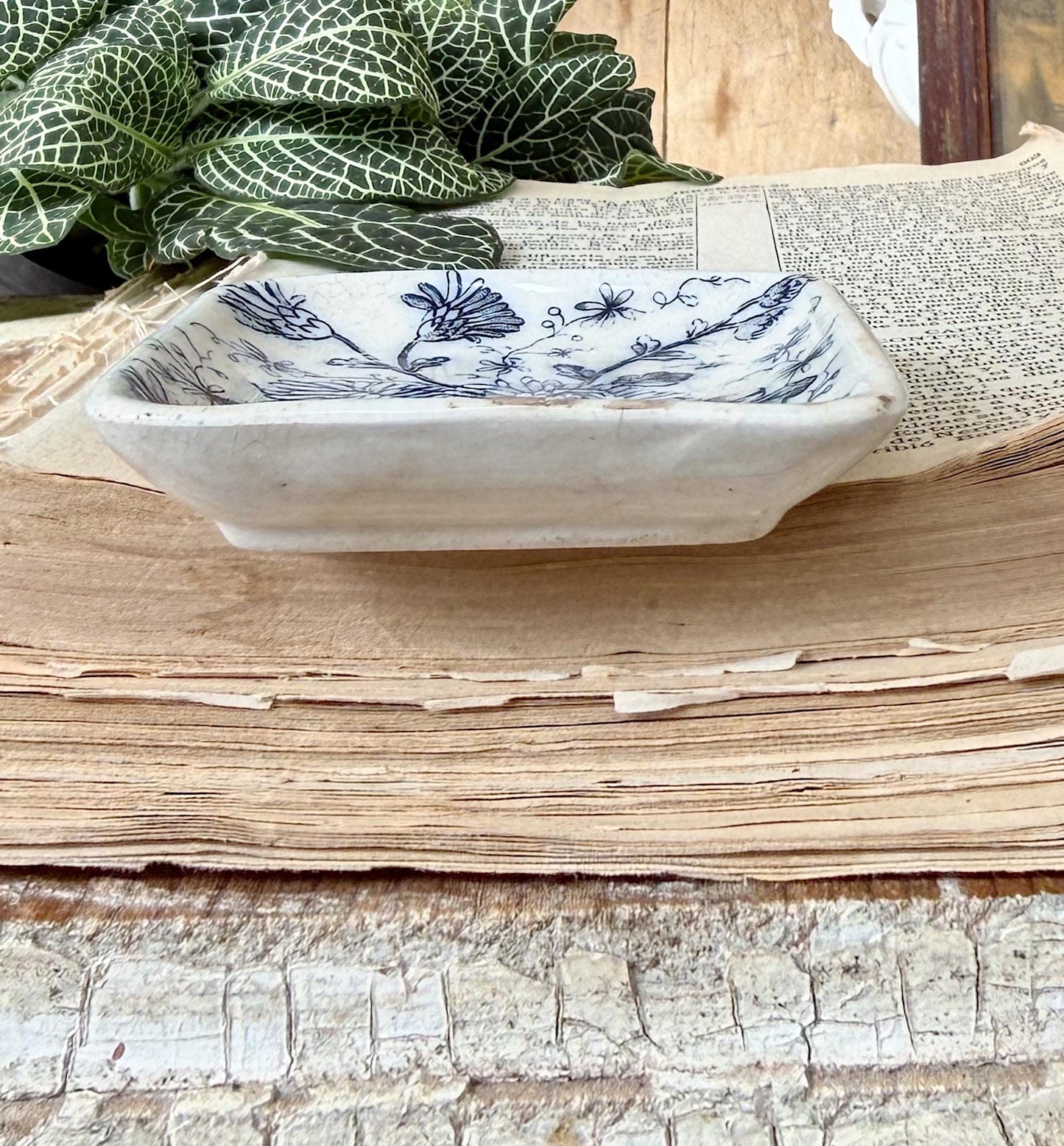 Antique White Ironstone Flow Blue SQUARE Butter Pat Farmhouse Decor Stained Grungy Crazing GRINDLEY