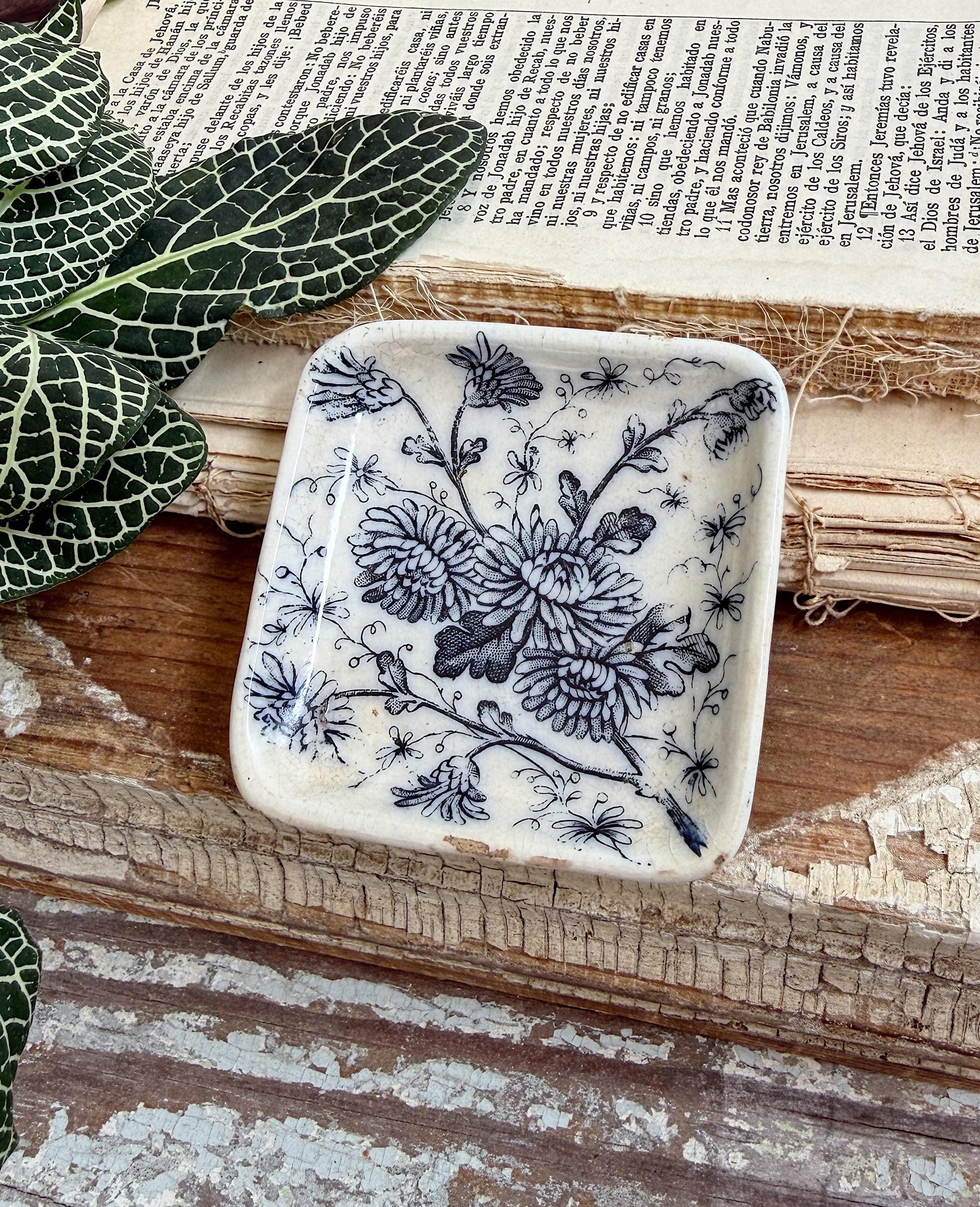 Antique White Ironstone Flow Blue SQUARE Butter Pat Farmhouse Decor Stained Grungy Crazing GRINDLEY