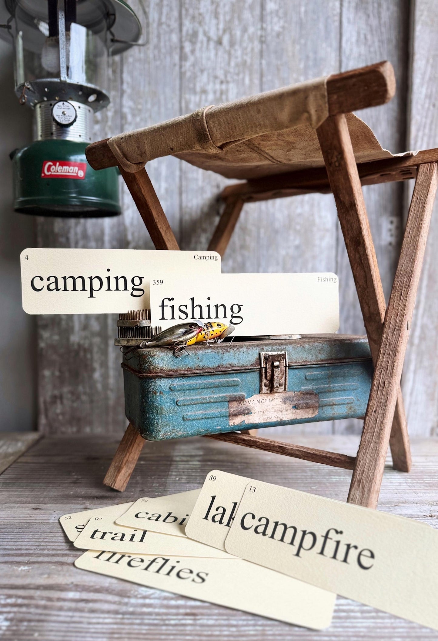 Vintage Style CAMPFIRE Flash Cards: Cabin, Lake, Fishing, Campfire, S'mores Farmhouse Decor