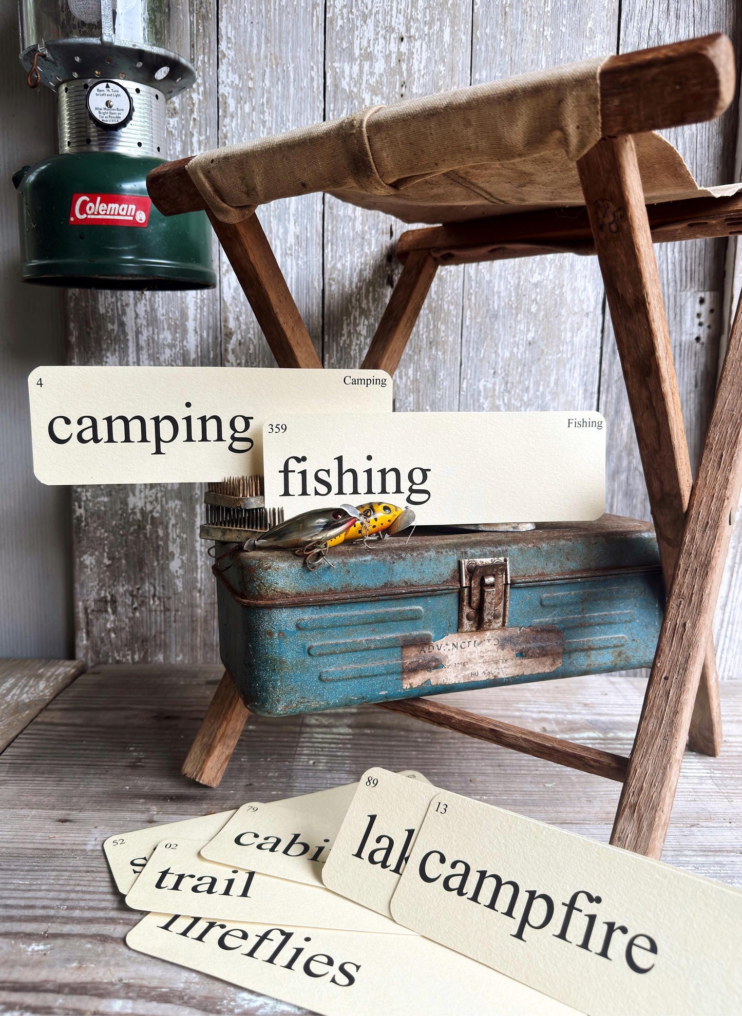 Vintage Style CAMPFIRE Flash Cards: Cabin, Lake, Fishing, Campfire, S'mores Farmhouse Decor