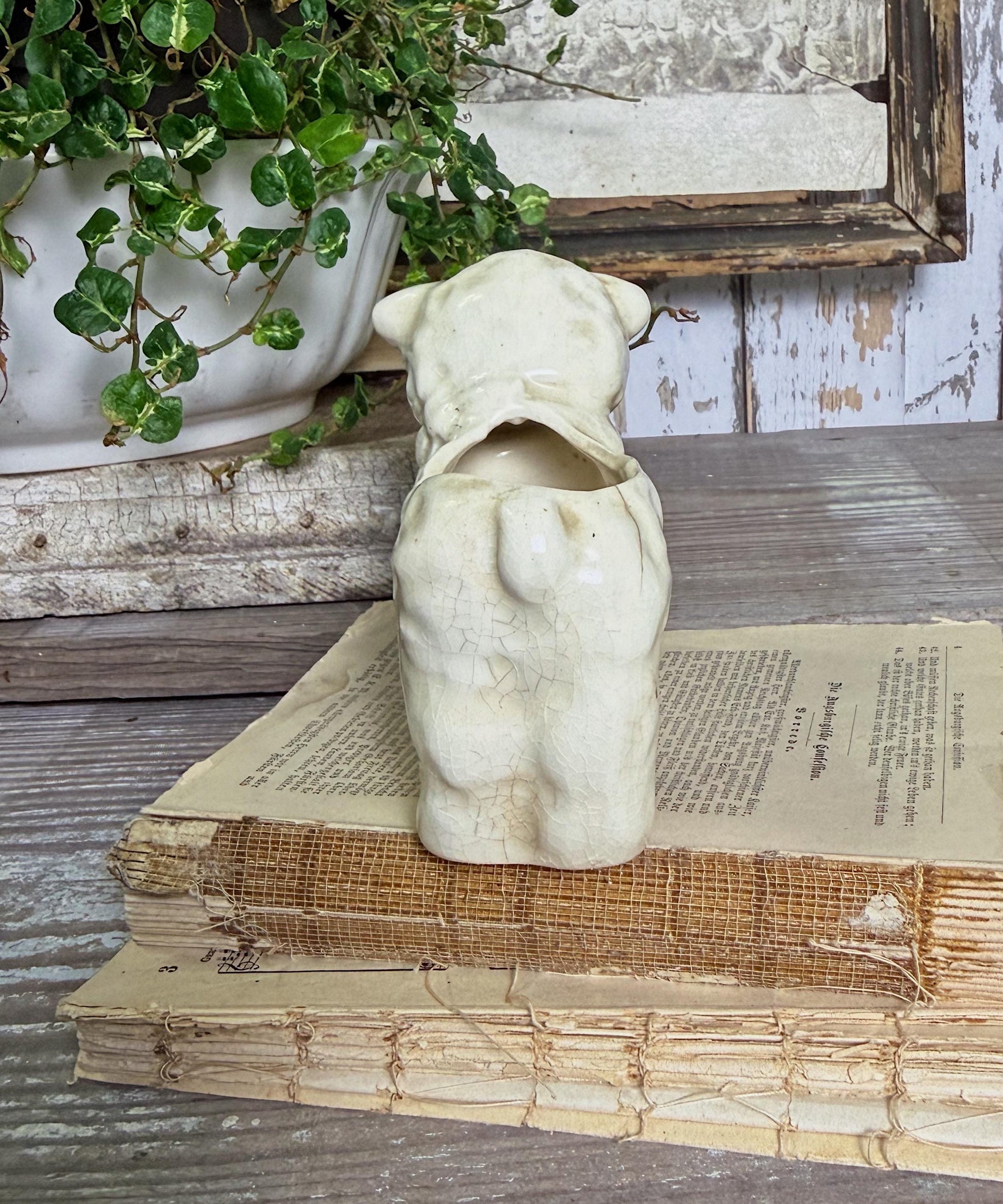 Vintage Ironstone LAMB Planter Creamy White Farmhouse Decor RARE Japan Crazing Grungy Crazed