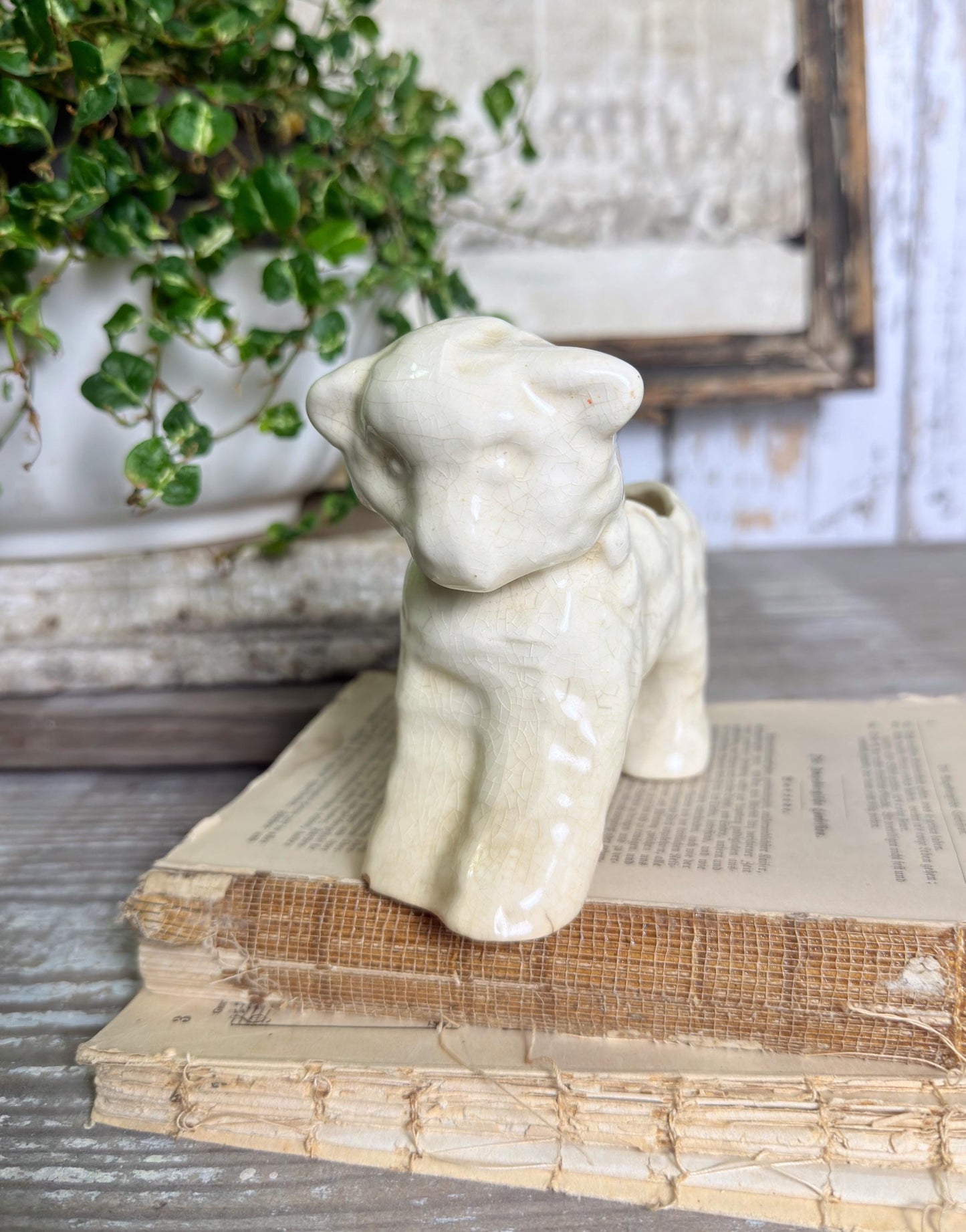 Vintage Ironstone LAMB Planter Creamy White Farmhouse Decor RARE Japan Crazing Grungy Crazed
