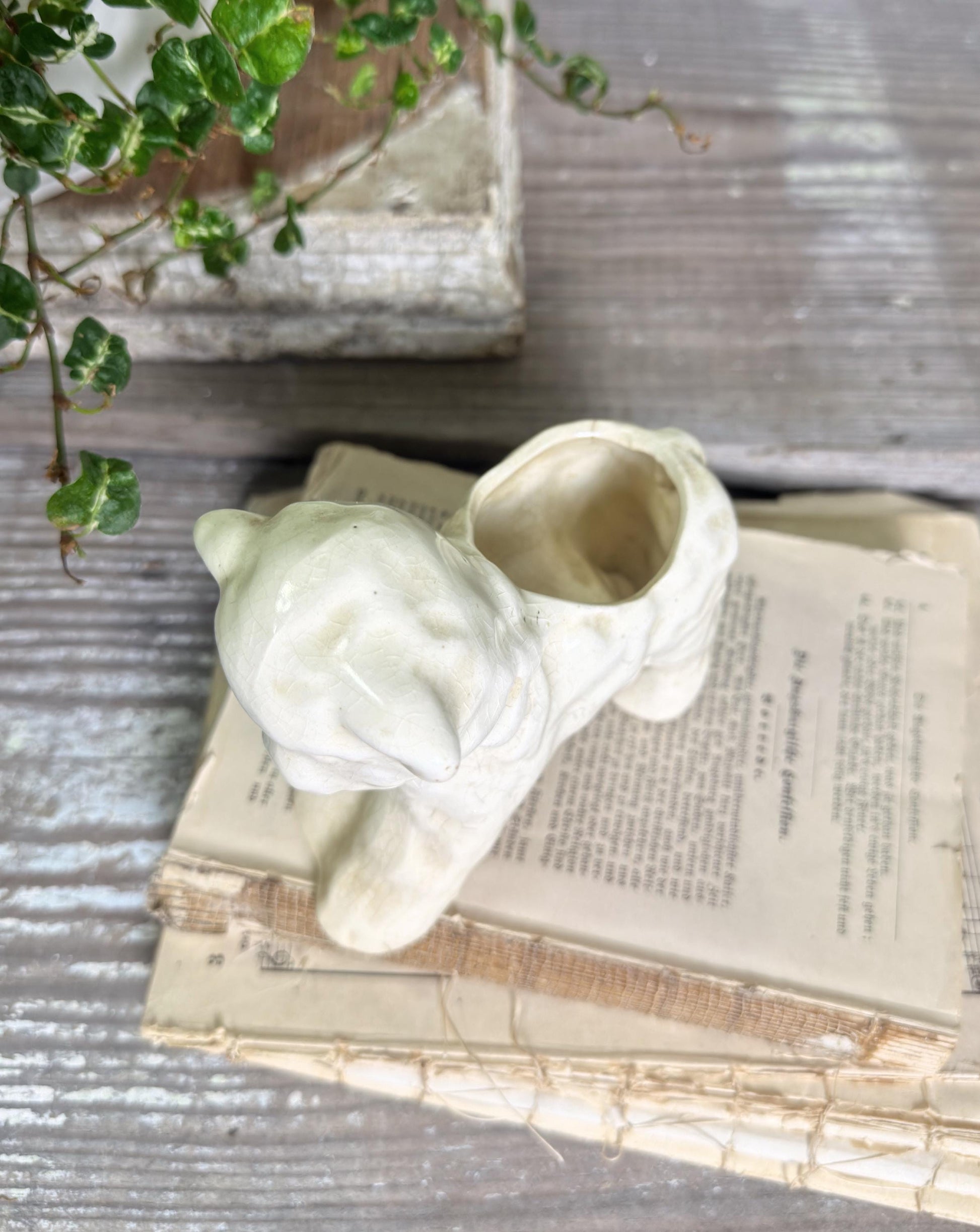 Vintage Ironstone LAMB Planter Creamy White Farmhouse Decor RARE Japan Crazing Grungy Crazed