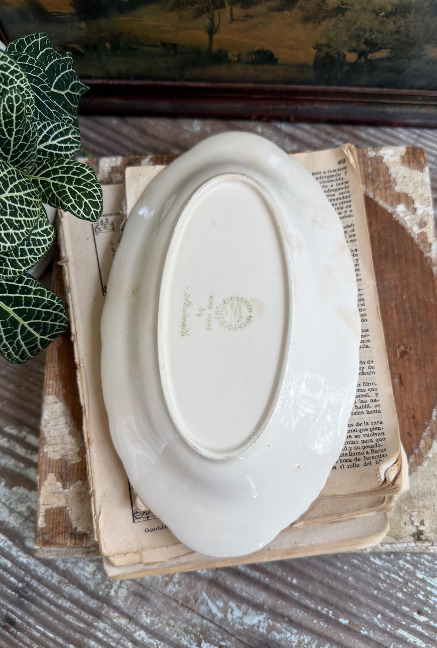 Antique Creamy White Ironstone Bowl ROSE POINT Pope Gosser OVAL Bowl Embossed Scallop Farmhouse Decor Crazed Stained