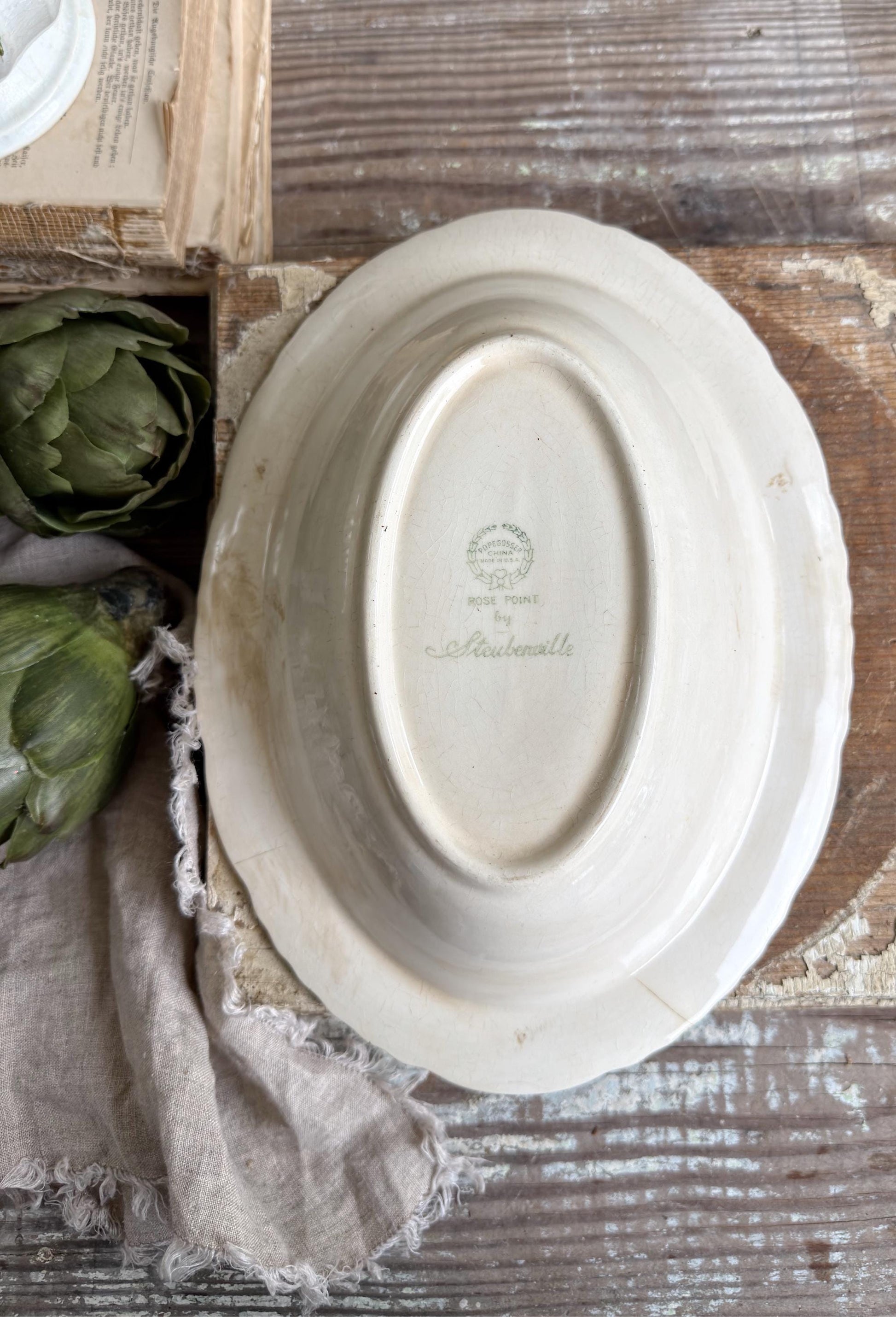 Antique Creamy White Ironstone Bowl OVAL Bowl Embossed Scallop Farmhouse Decor Crazed Stained