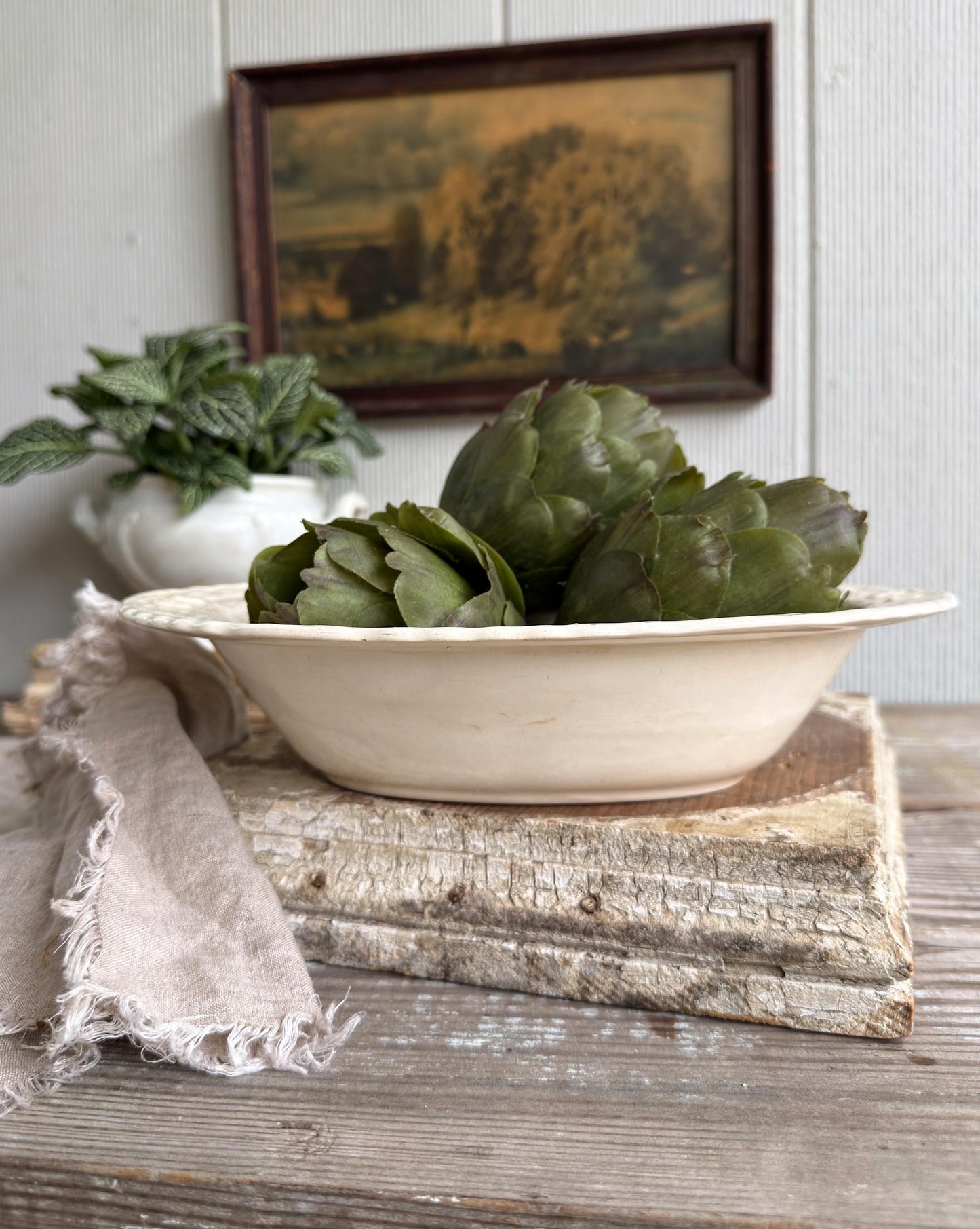 Antique Creamy White Ironstone Bowl OVAL Bowl Embossed Scallop Farmhouse Decor Crazed Stained