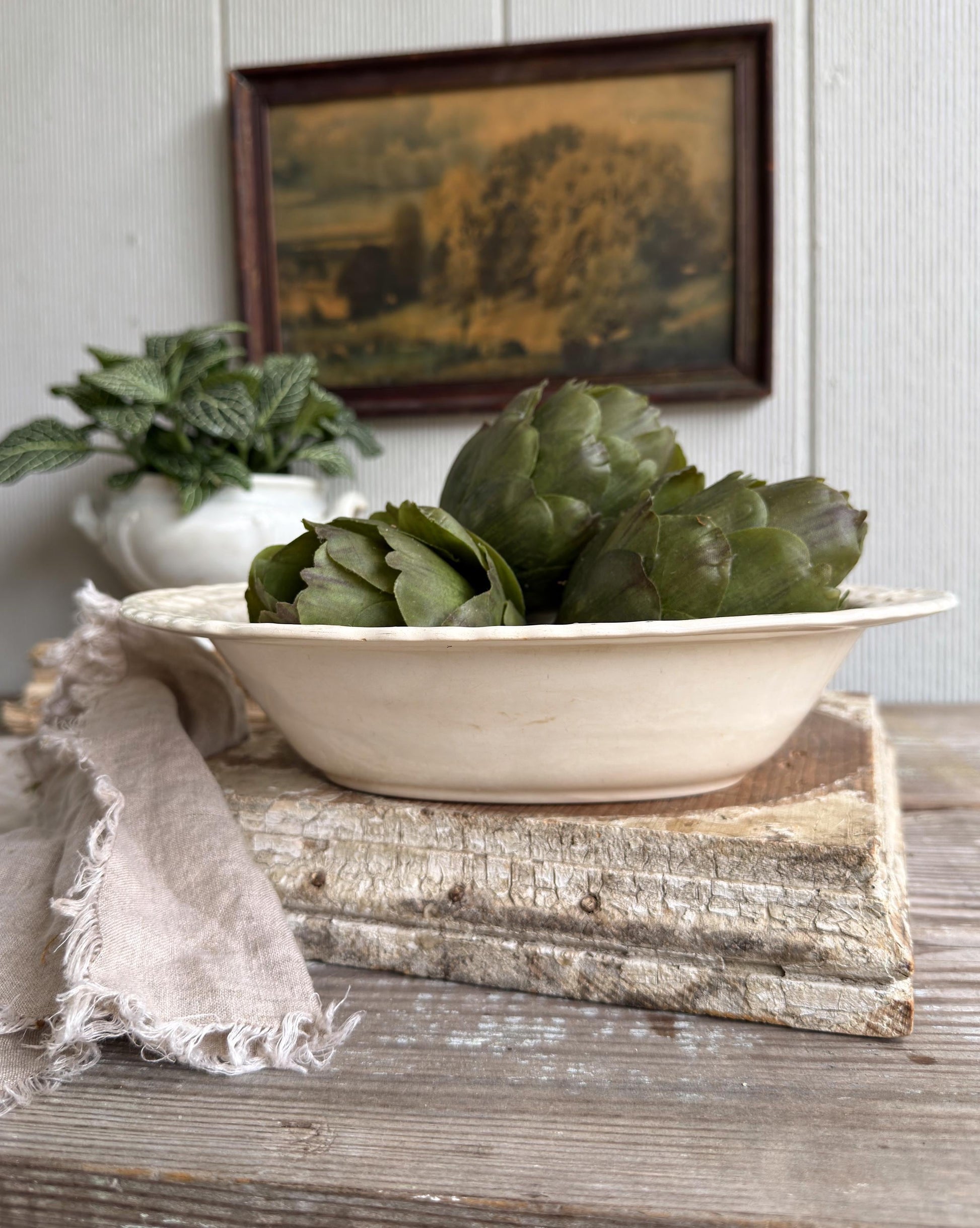 Antique Creamy White Ironstone Bowl OVAL Bowl Embossed Scallop Farmhouse Decor Crazed Stained