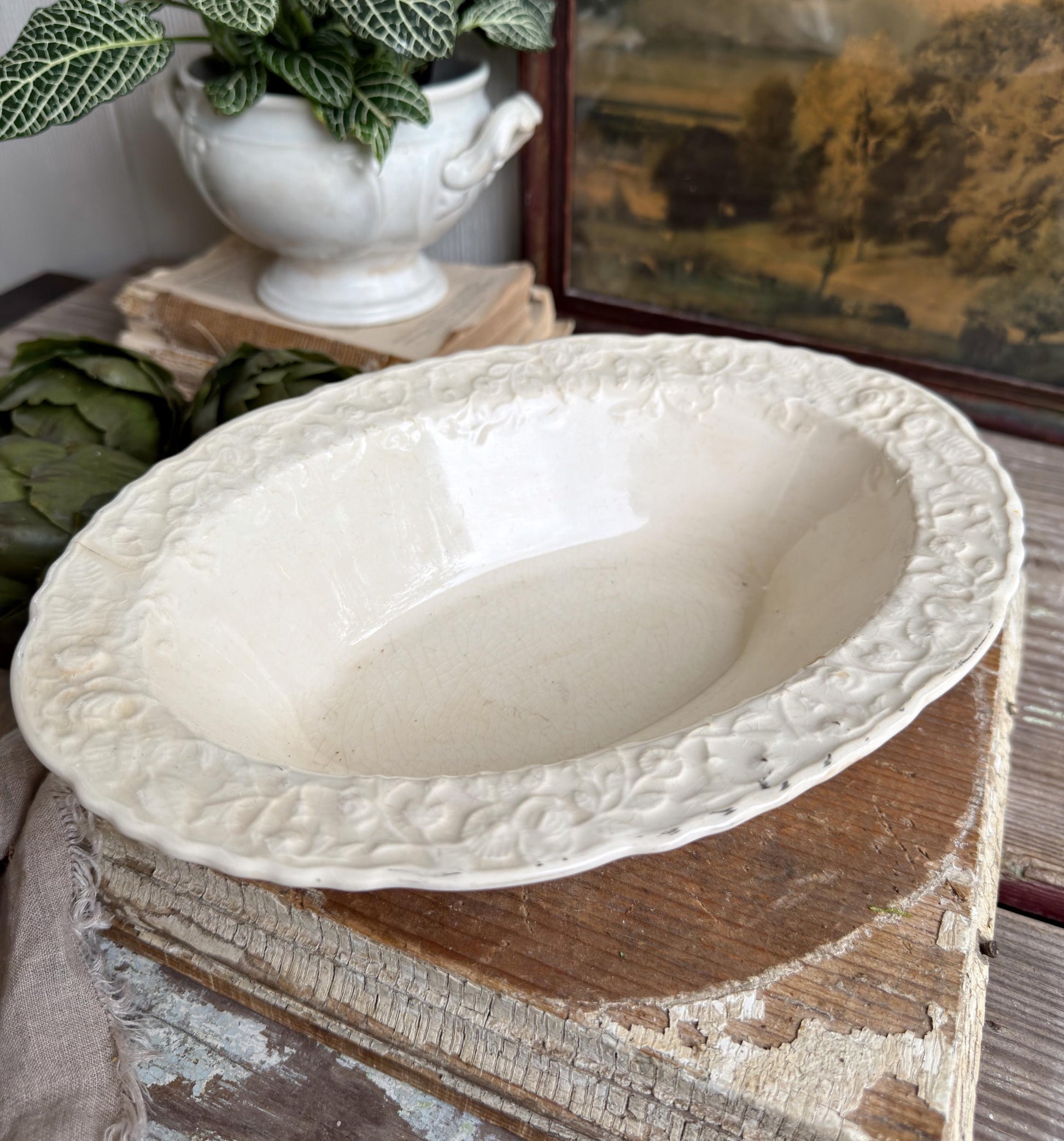Antique Creamy White Ironstone Bowl OVAL Bowl Embossed Scallop Farmhouse Decor Crazed Stained