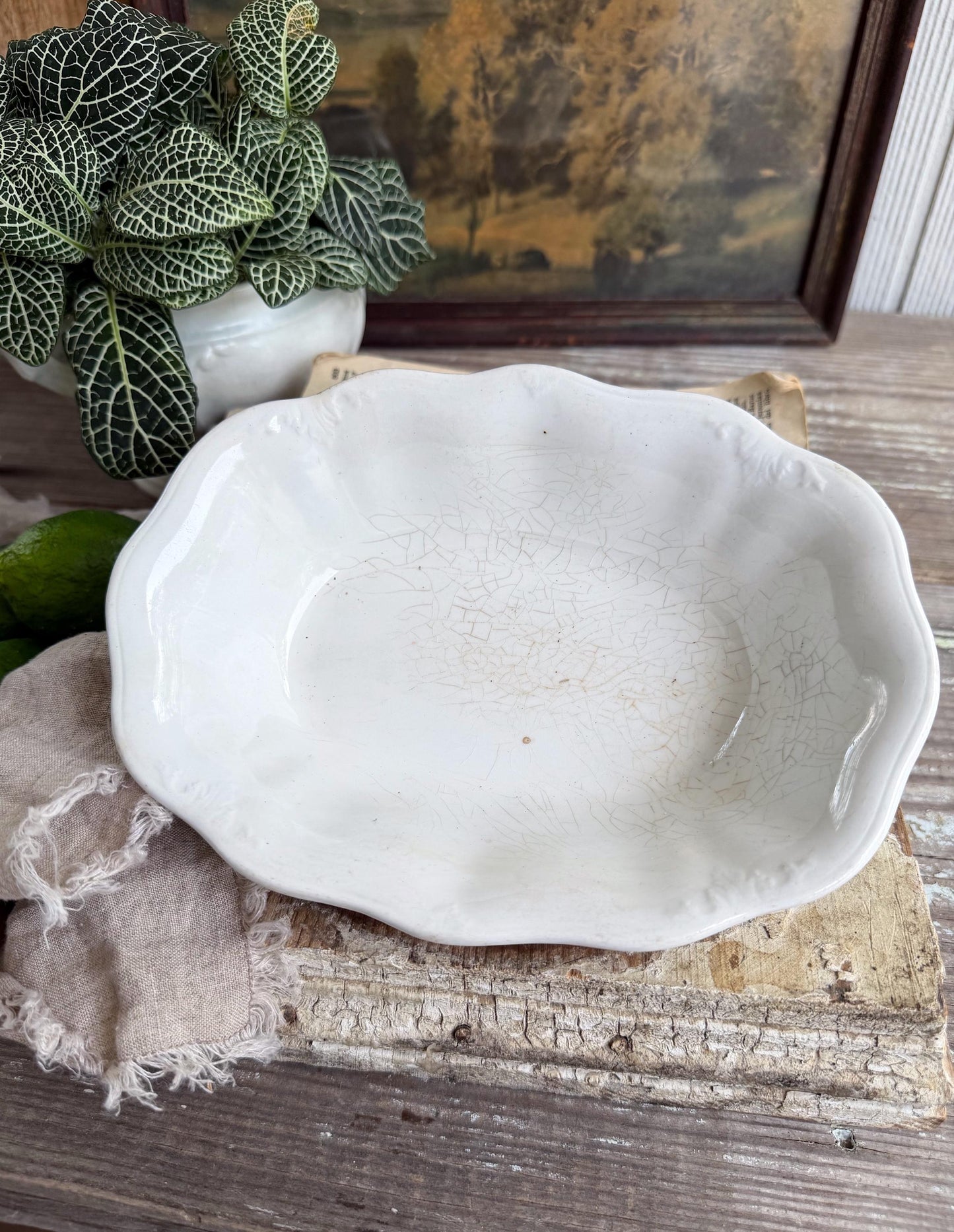 Antique White Ironstone Soap Dish Scalloped Farmhouse Decor Johnson Bros. Chunky