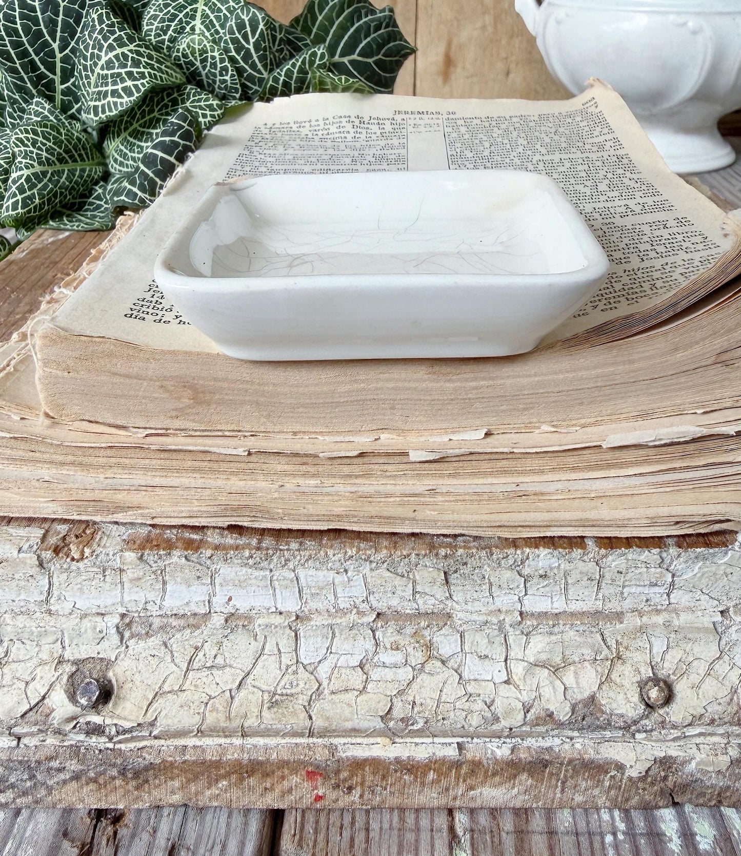 Antique White Ironstone SQUARE Butter Pat Farmhouse Decor Stained Grungy Crazing John MADDOCK England