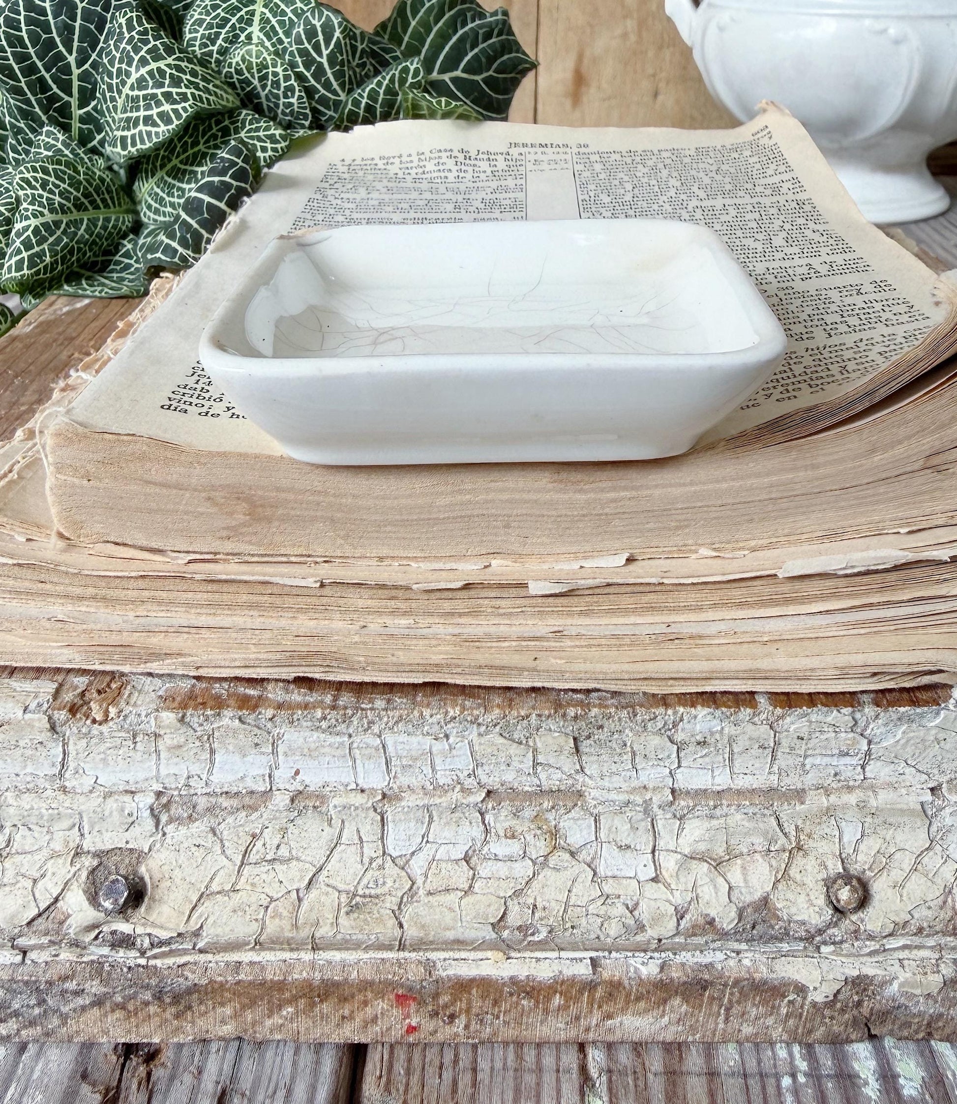 Antique White Ironstone SQUARE Butter Pat Farmhouse Decor Stained Grungy Crazing John MADDOCK England