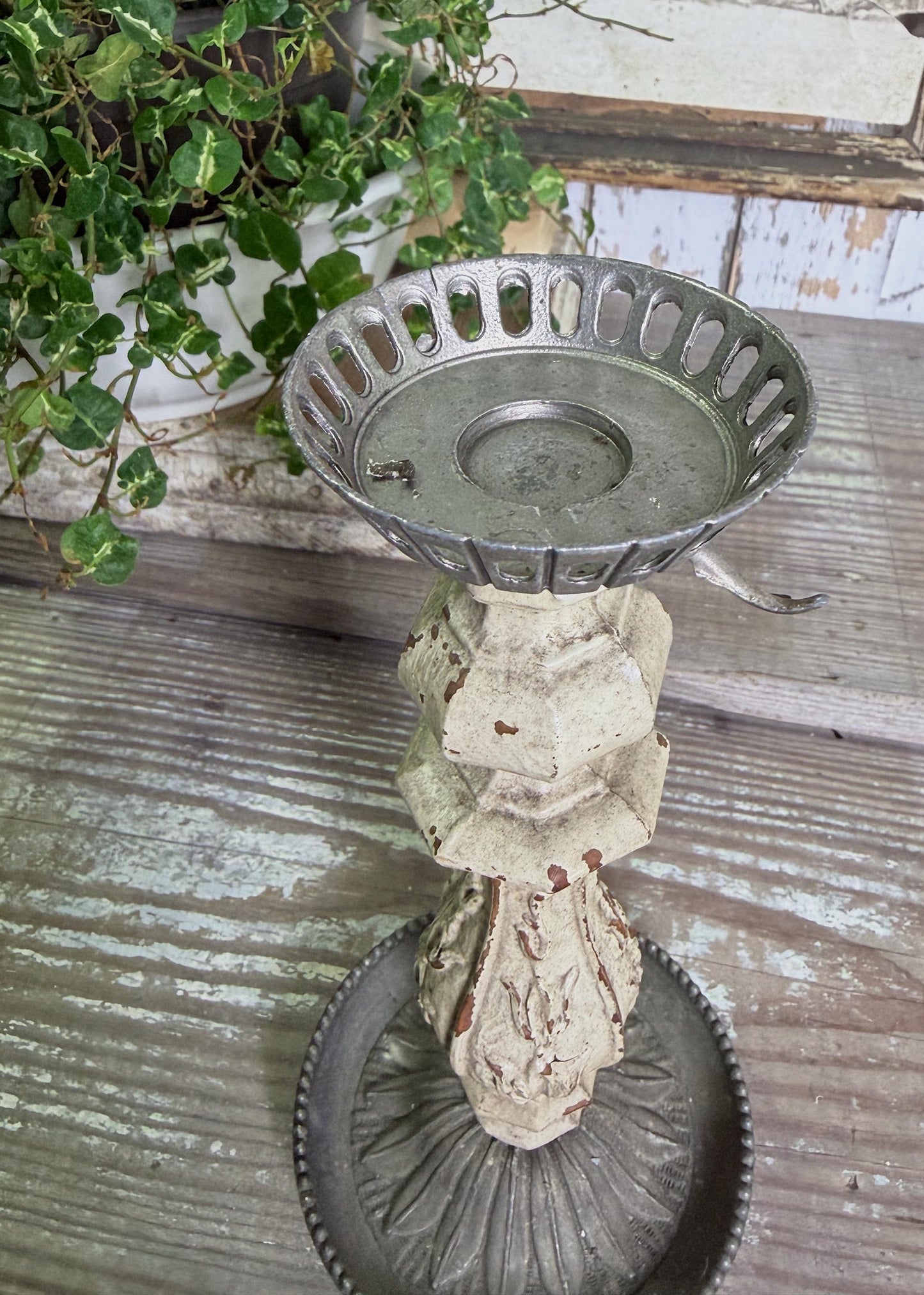 Antique Chippy White Candlestick Holder: French Farmhouse Metal Accent