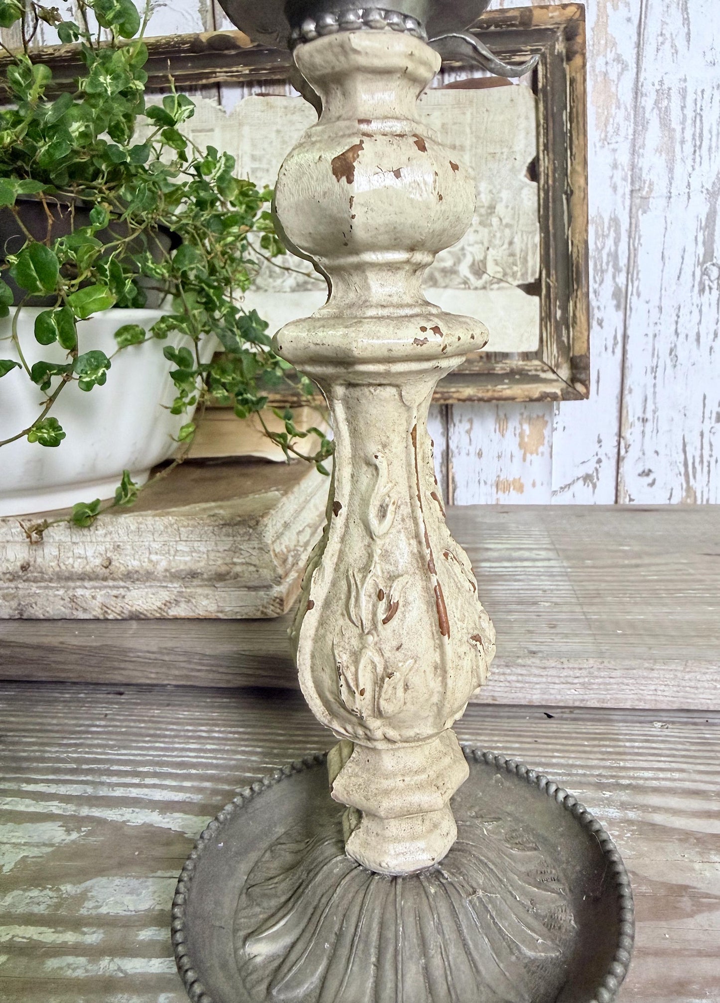 Antique Chippy White Candlestick Holder: French Farmhouse Metal Accent