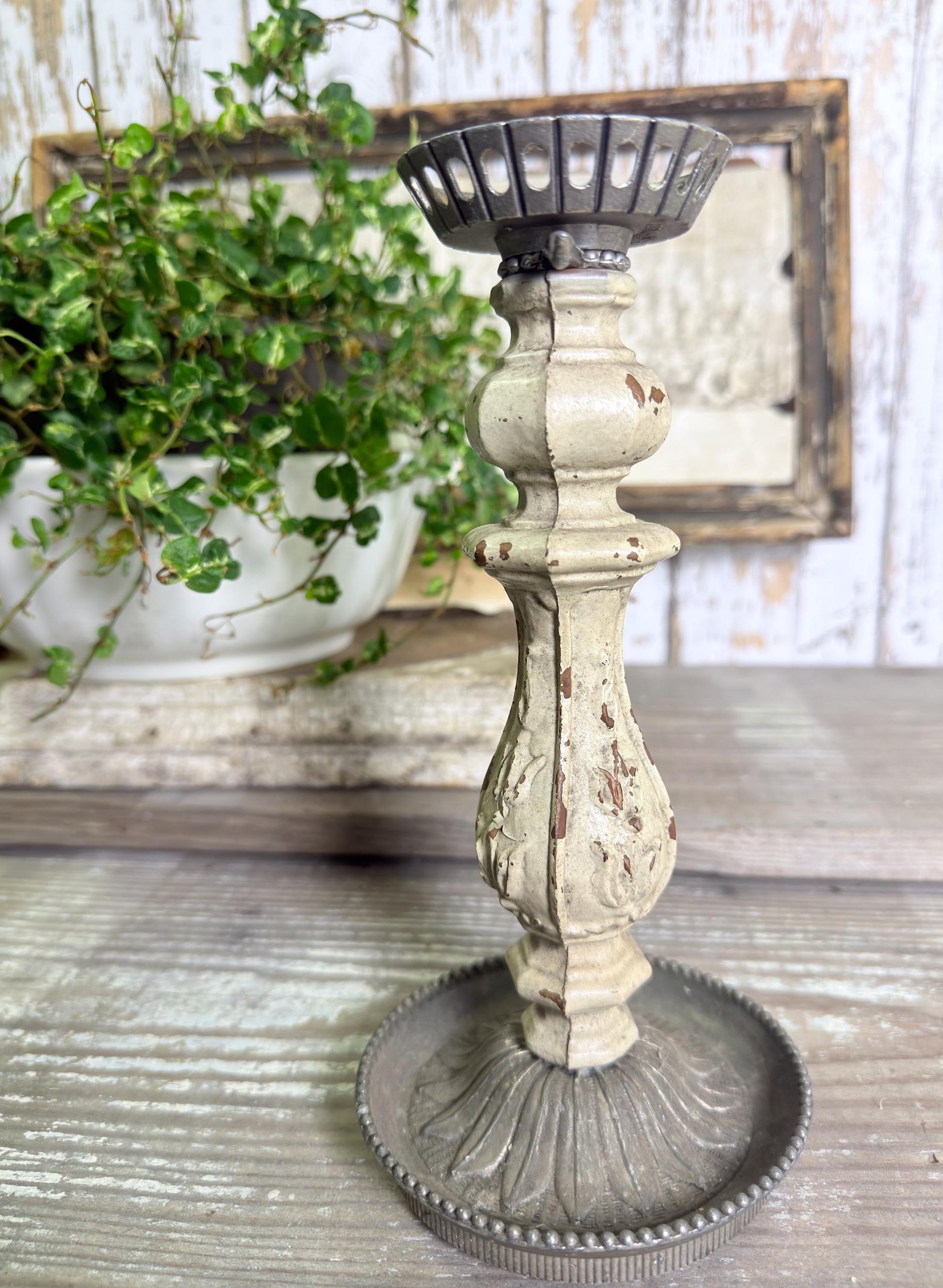 Antique Chippy White Candlestick Holder: French Farmhouse Metal Accent