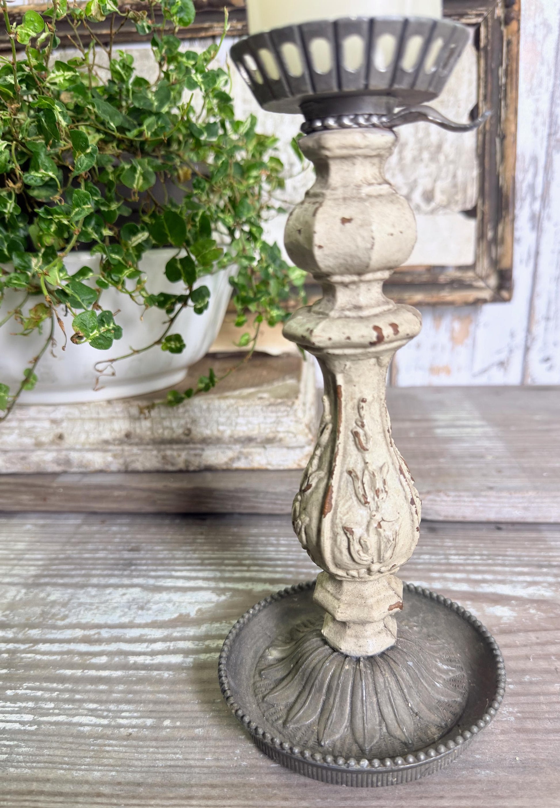 Antique Chippy White Candlestick Holder: French Farmhouse Metal Accent