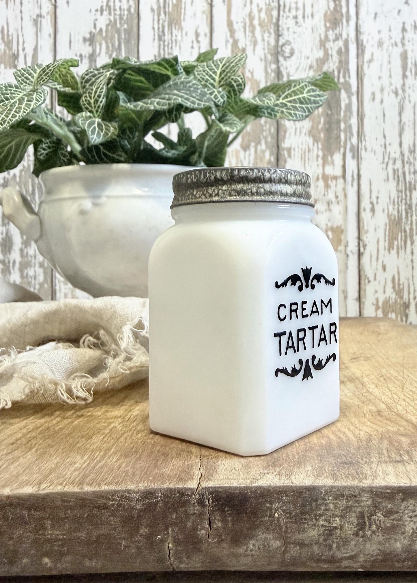 Antique Milk Glass SPICE Bottle With Lid CREAM TARTAR Farmhouse Kitchen Decor Seasoning Jar